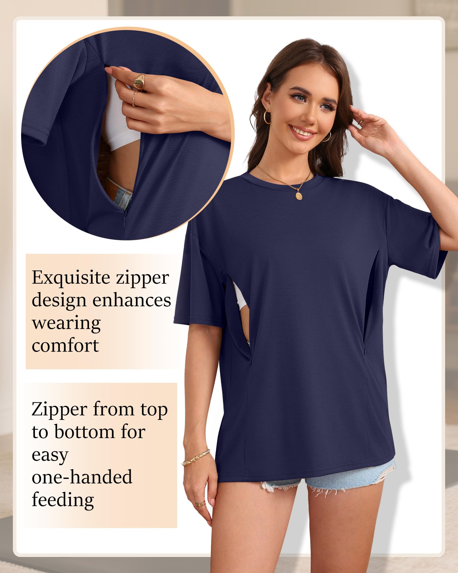 Xuniea Confezione da 3 Magliette Oversize da Donna per Allattamento, con Cerniera Nascosta, Maniche Corte e vestibilità Ampia