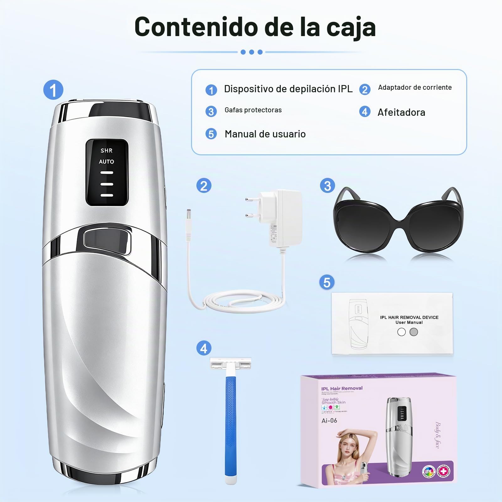 Depiladora Laser Mujer, 999.999 Flash 3 Niveles Casa, Depiladora IPL, Plata