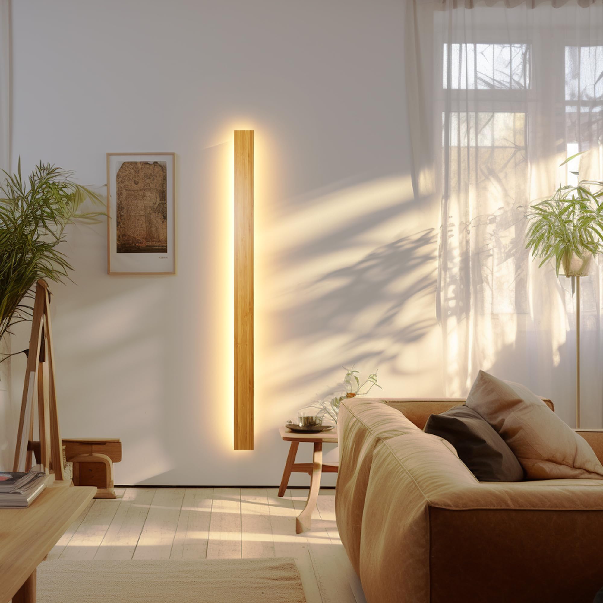 AOEH Lampada Da Parete Interno Led Applique Da Parete In Legno Lampade Da Muro Lunga In Bambù Luci Da Parete Legno 35w 3000k Moderno Lampada A Muro Per Camera Da Letto,Soggiorno,Corridoio,Scale,115cm