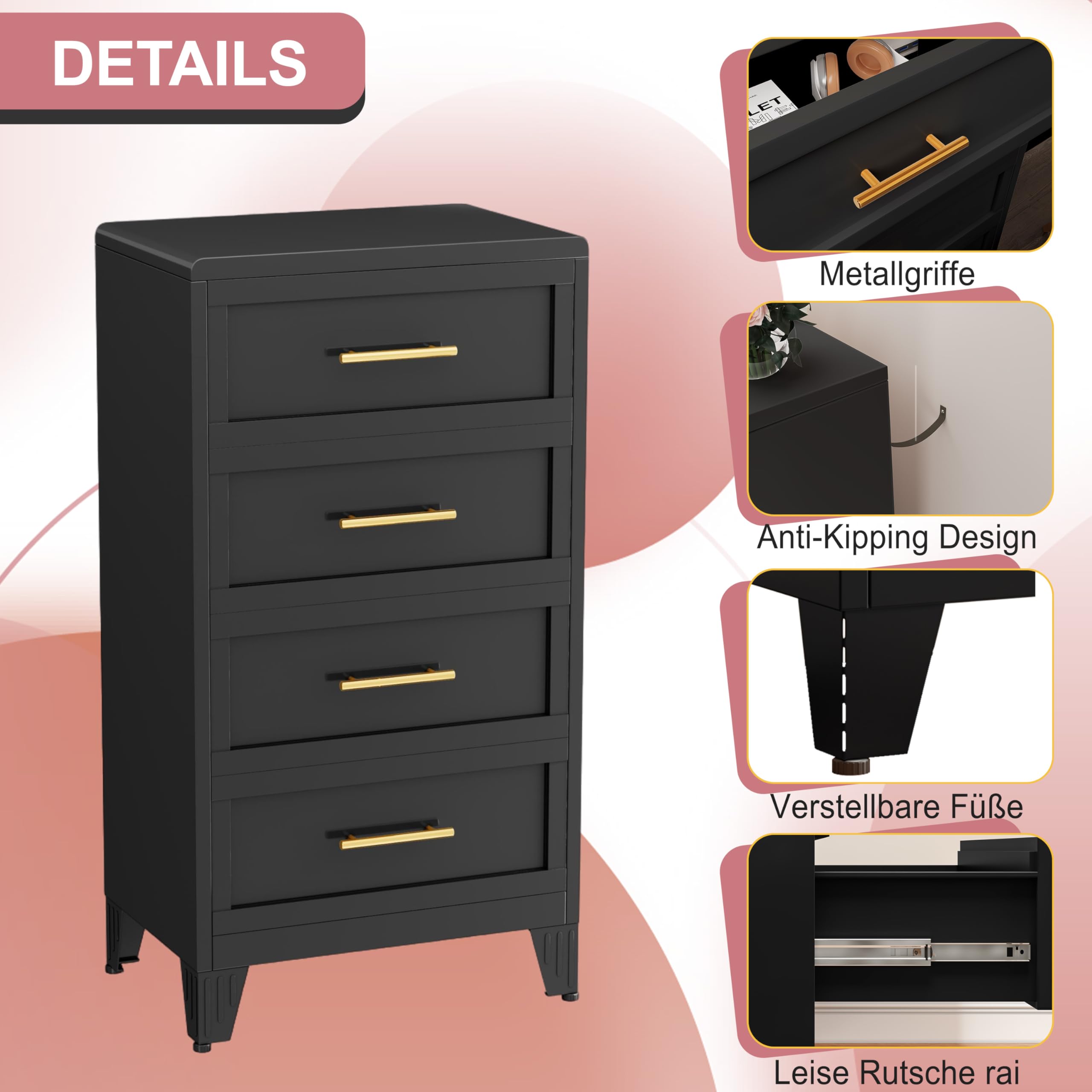 4 Schublade Metall Datei Schrank, hohe breite Tiefe Kommode Schrank, Aufbewahrungsschrank mit Schublade Organizer Einheit für Kleidung, Schlafzimmer, Wohnzimmer, Flur, Eingang, Schwarz