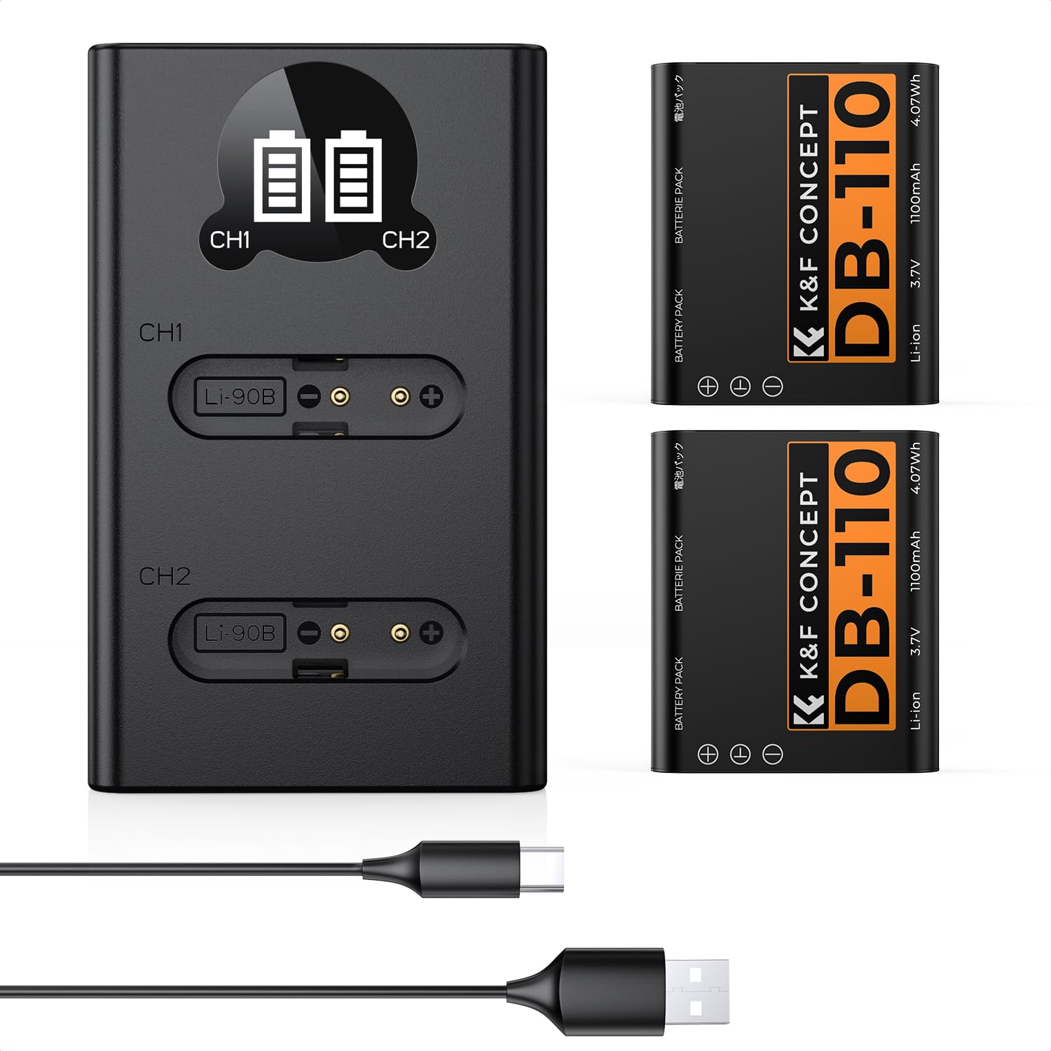 K&F CONCEPT Baterías DB-110 con Cargador LCD de Doble Ranura Compatible con Olympus TG7/6/5/4 etc Que Utilizan Baterías Li-90B/Li-92B y Ricoh GR III, GR IIIx, Theta X, WG-6, G900, G900 II, G900SE II