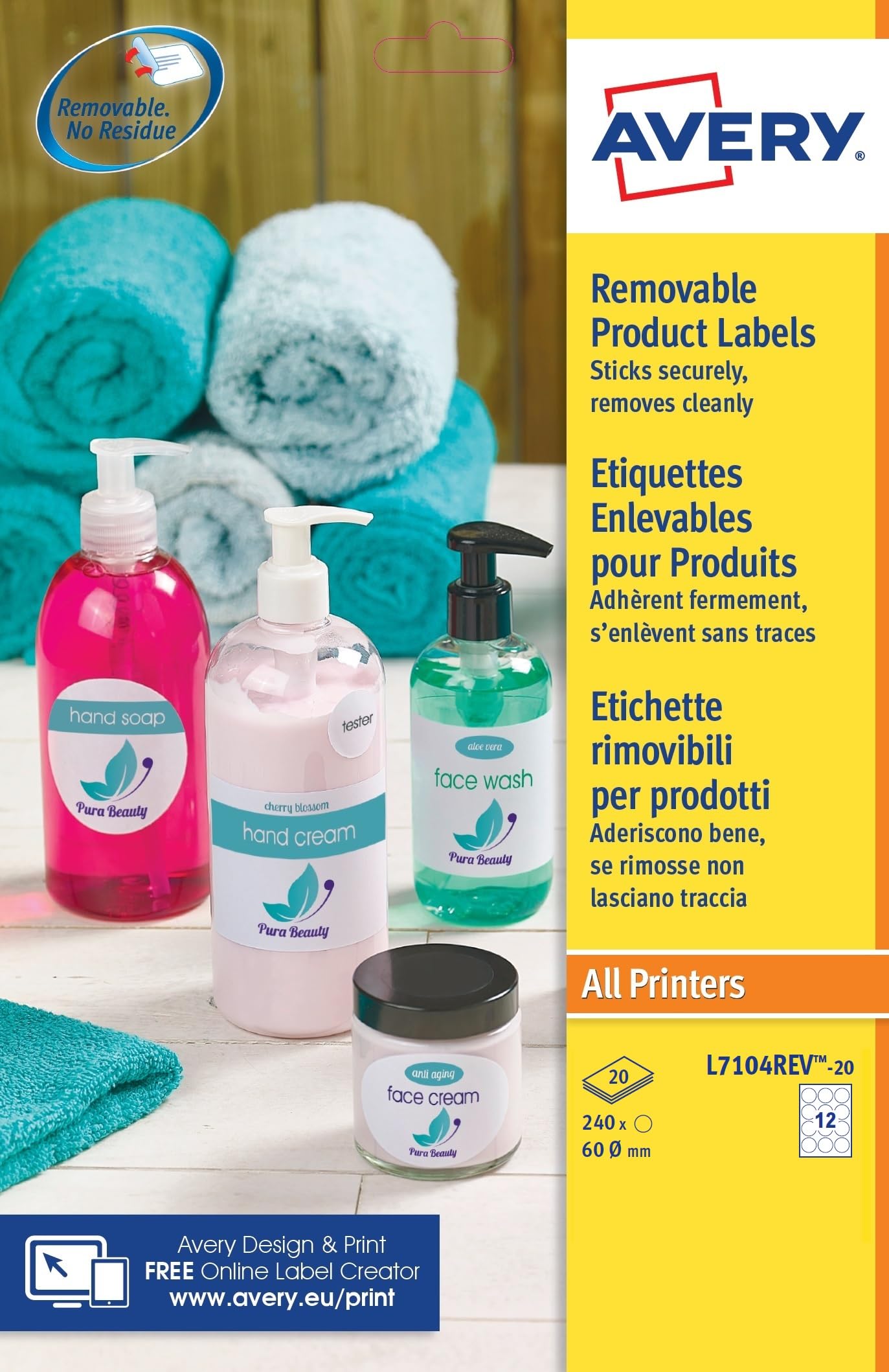 Avery L7104REV-20 Printable, Customisable Removable Round Labels, 12 Labels Per A4 Sheet,60mm