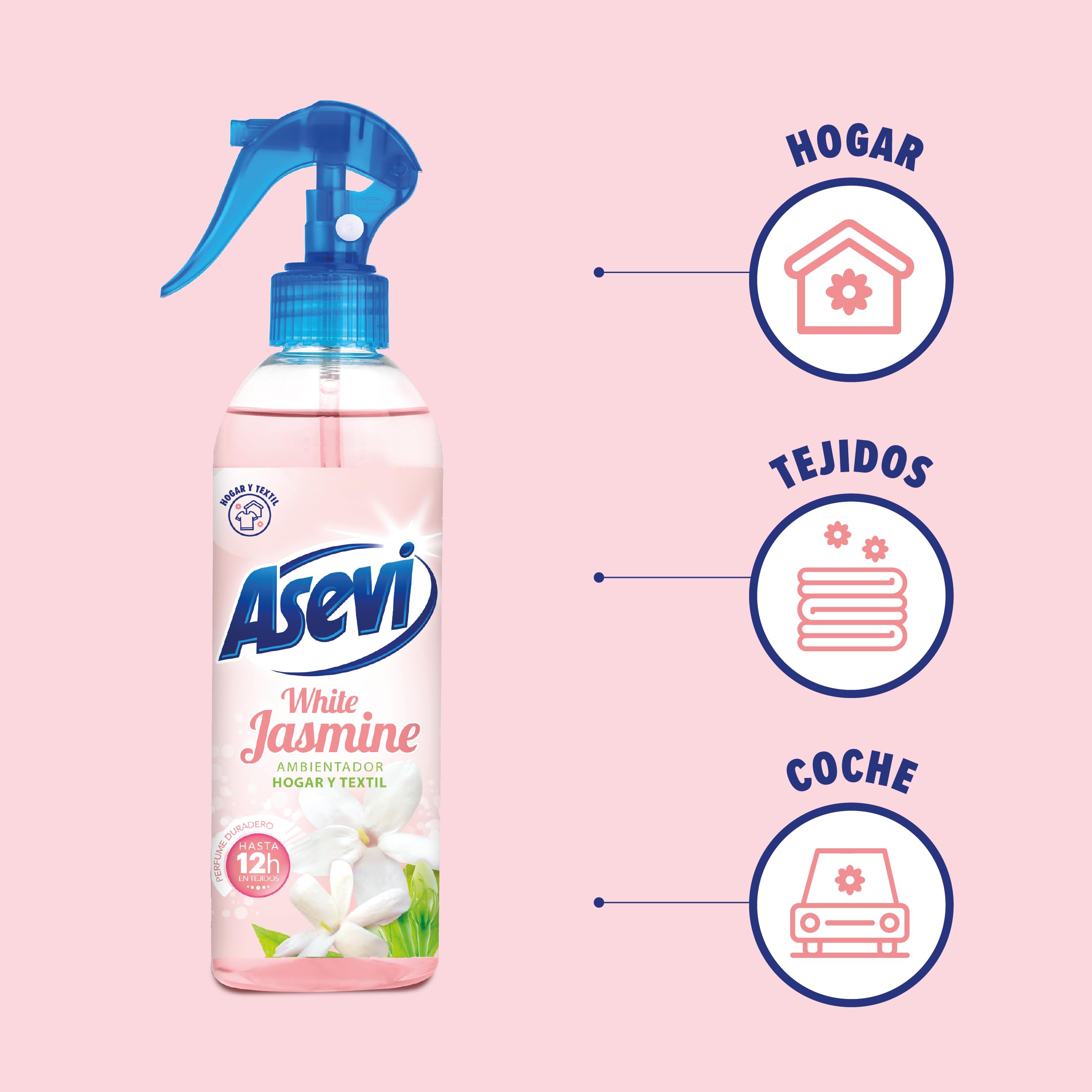 Asevi White Jasmine - Ambientador Concentrado en Spray - Hogar y Textil - Elimina Olores - Intensa Fragancia a Jazmín - Pulverización Extrafina - 400 ml