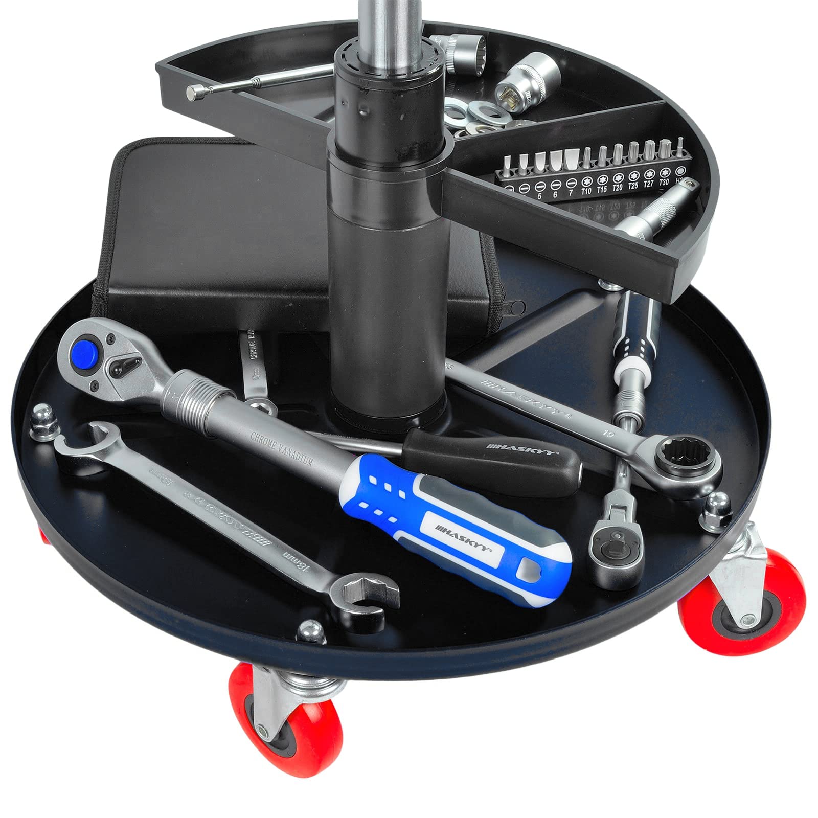 HASKYY Werkstatthocker Rollhocker | Höhe 430-580mm I Sitz Geleinlage | Werkstatt-Arbeits-Hocker-Stuhl-Sitz I 135kg | ø40 cm | 2 Ablagen I Schwarz