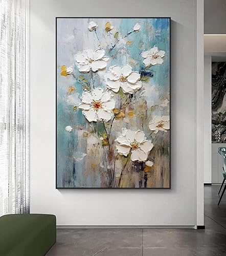 Miniatura 8 de Pintura al óleo de flores blancas pintadas a mano para dormitorio, arte de pared floral grande con marco negro para sala de estar, pintura de pared