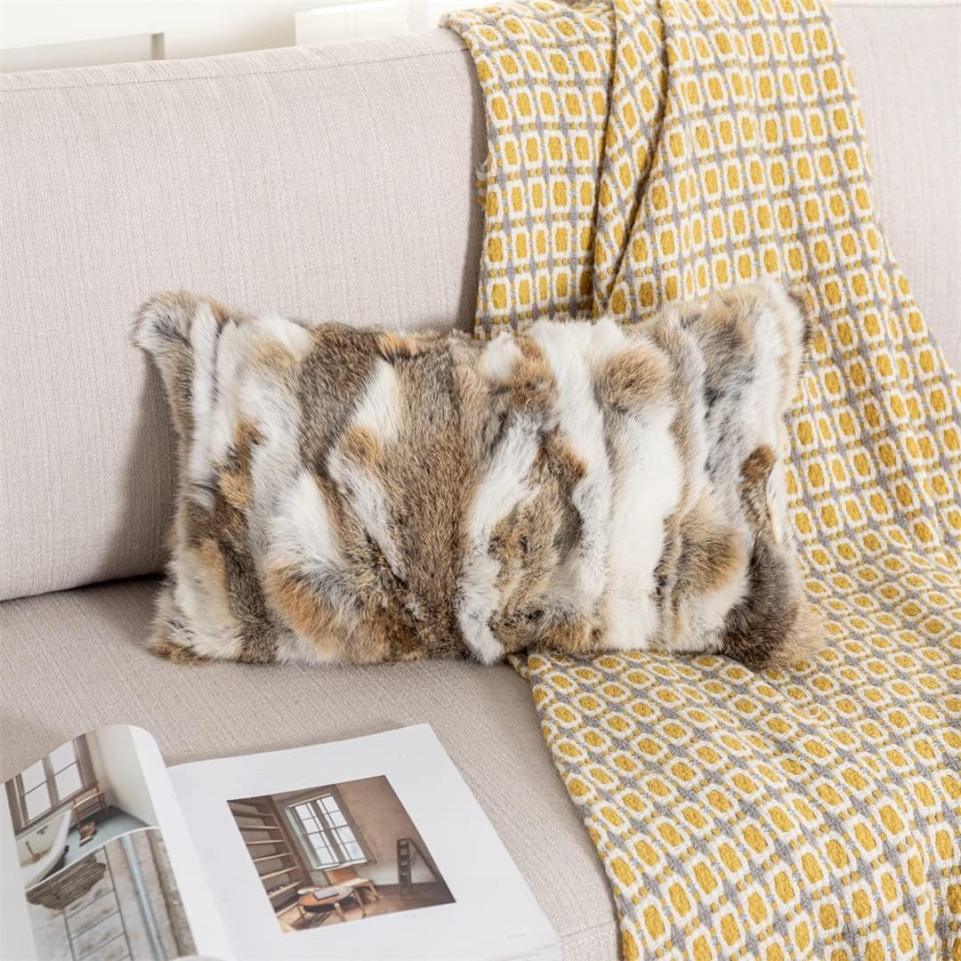 Throw Pillow Covers Fur Rabbit Hide Skin Fur Throw Pillow Covers Sofa Pillow Case Cushion Cover (Yellow, 30×50cm（12in×20in）)