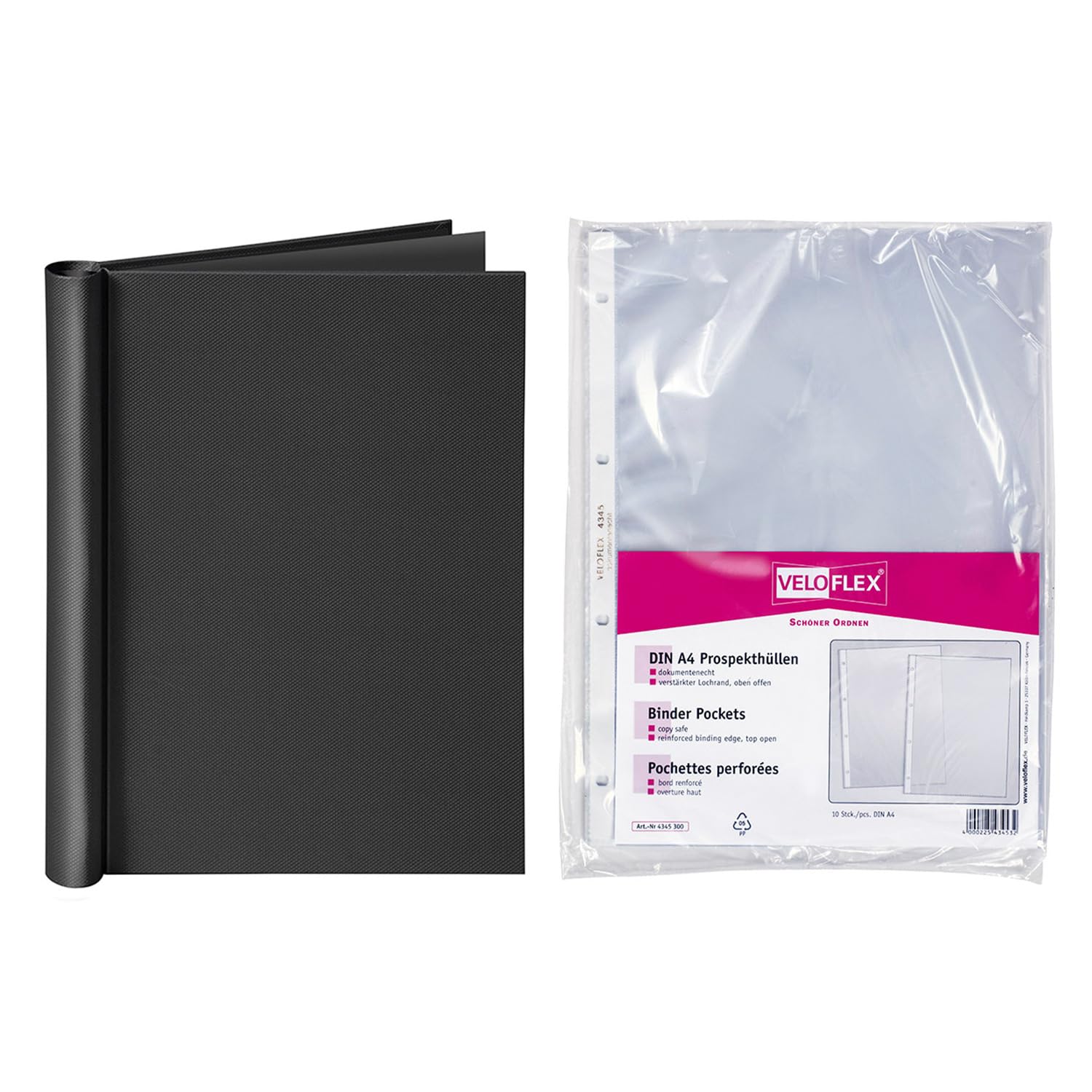 VELOFLEX A494438 - Klemmbinder DIN A4 Schwarz, inkl. 10 Prospekthüllen glasklar, Klemmbinder für bis zu 150 Blatt