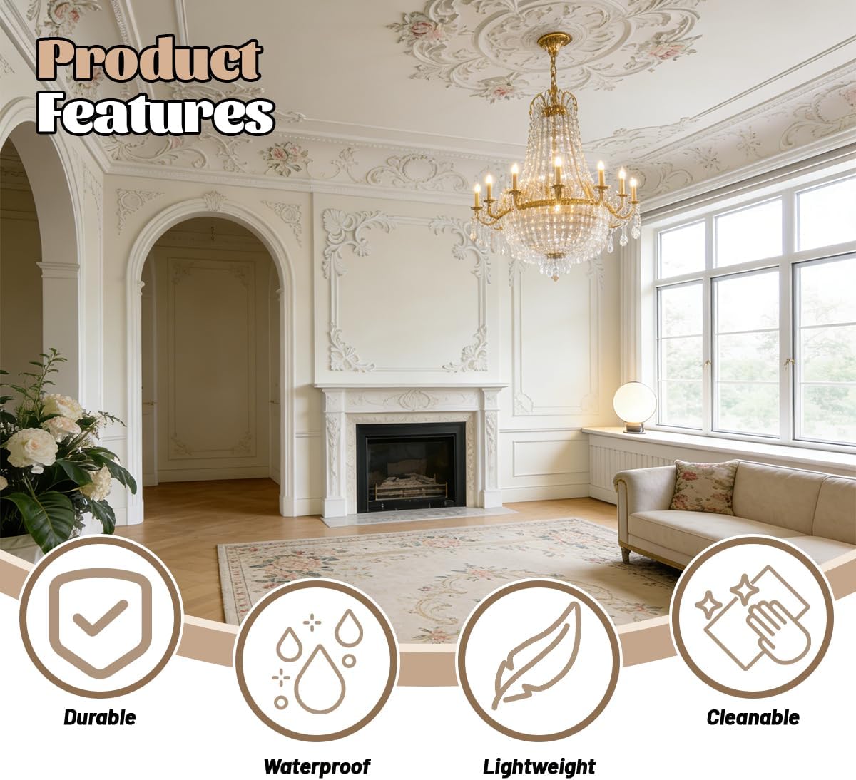 4 Pcs Ceiling Medallion Set,13.4 x 13.4 in Corner Ceiling Molding with Floral Patterns,PU Ceiling Trim French Style Accent Wall Kit for Interior Medallion Ceiling and Wall Decor