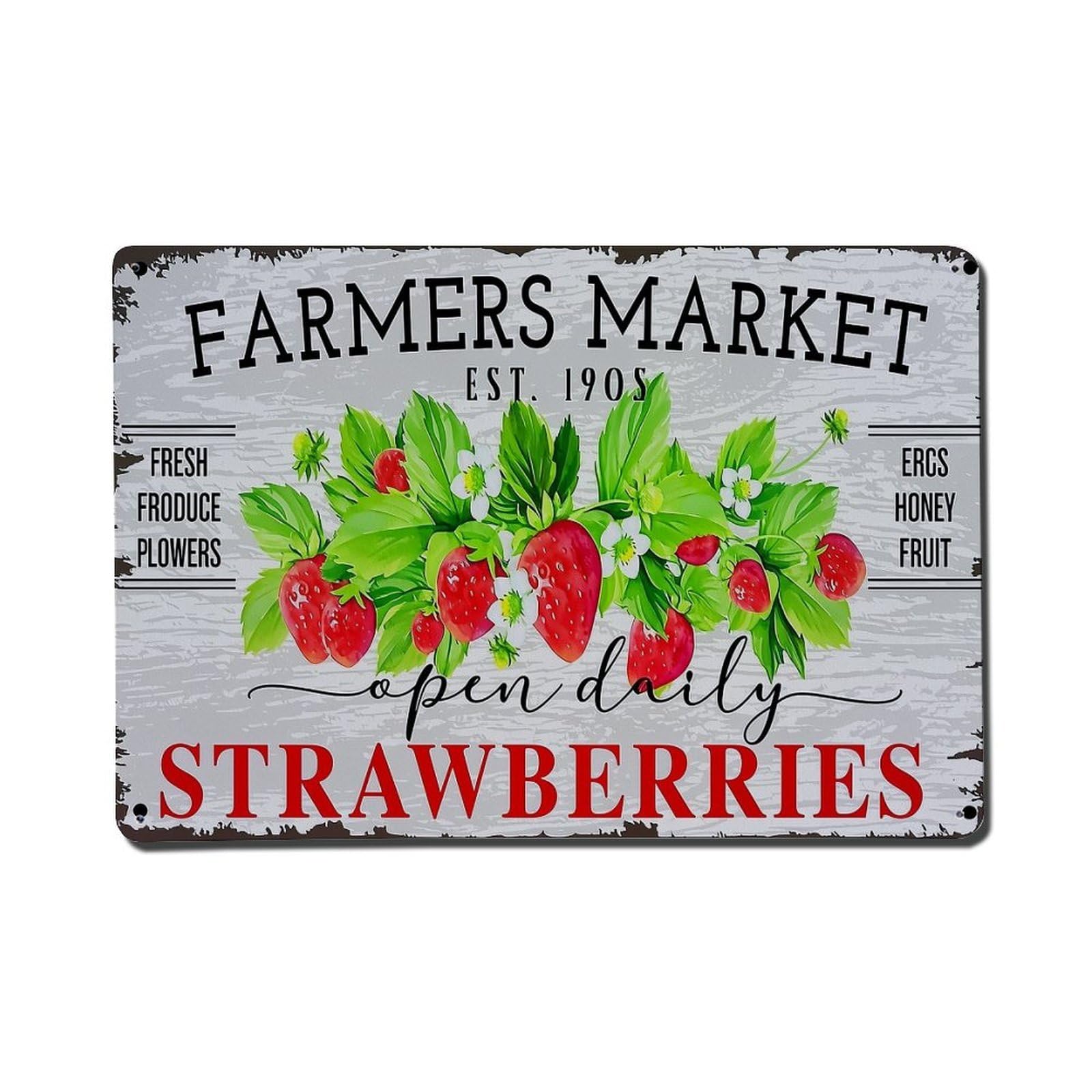 Farmers Market Strawberry Pattern Print Tin Sign Metal Poster Vintage Metal Signs for Home Man Cave Bar Cafe Kitchen laundry room Wall Decorations Gift 8x12Inch