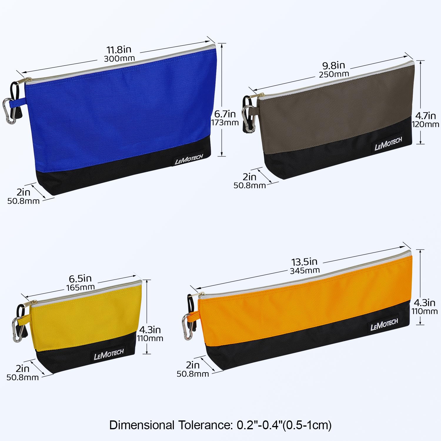 LeMotech Bolsa de herramientas con cremallera, bolsa de herramientas de pie con mosquetones, bolsa de utilidad, bolsa de almacenamiento resistente al agua, varios tamaños azul/naranja/gris/amarillo,