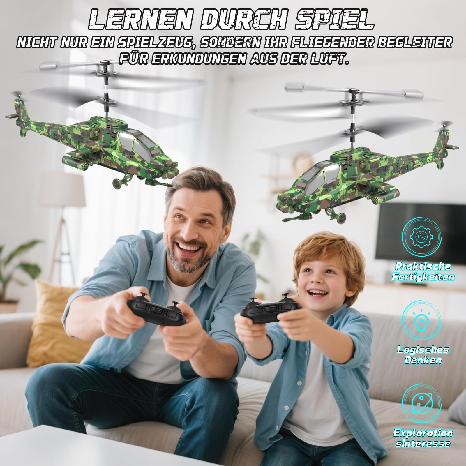 Charmofun Hubschrauber Ferngesteuert, 2,4Ghz RC Helikopter mit Licht und 3 Akkus, 40 Minuten Flugzeit, 3.5 Kanäle Helikopter Ferngesteuert mit Höhenhaltefunktion, Geschenke für Kinder ab 8 Jahre(Grün)
