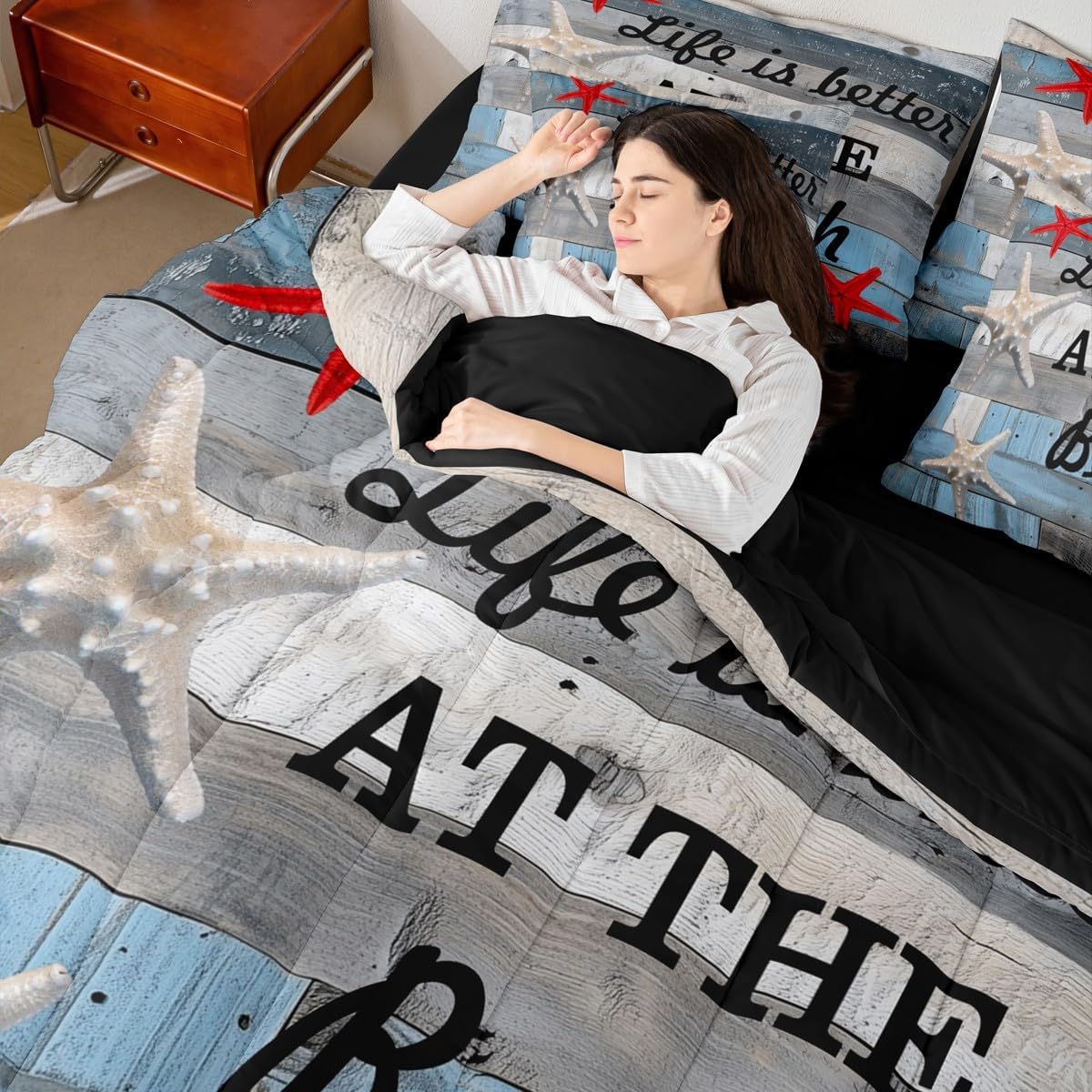 Feelyou Beach Comforter Set Queen 7 Pieces Comforters Ocean Coastal Nautical Bedding Set Starfish Beach Marine Vintage Wood Bed Set Bed in a Bag with Comforter, Sheets, Pillowcases & Cushion Covers