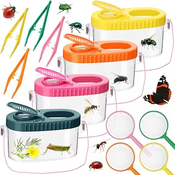 Halloscume 4 Sets Bug Collection Kit for Kids, Explorer Outdoor Kit with Bug Containers for Insects, Magnifying Glass, Tweezers, Nature Exploration Gift Toy for Girls Boys4 Colors