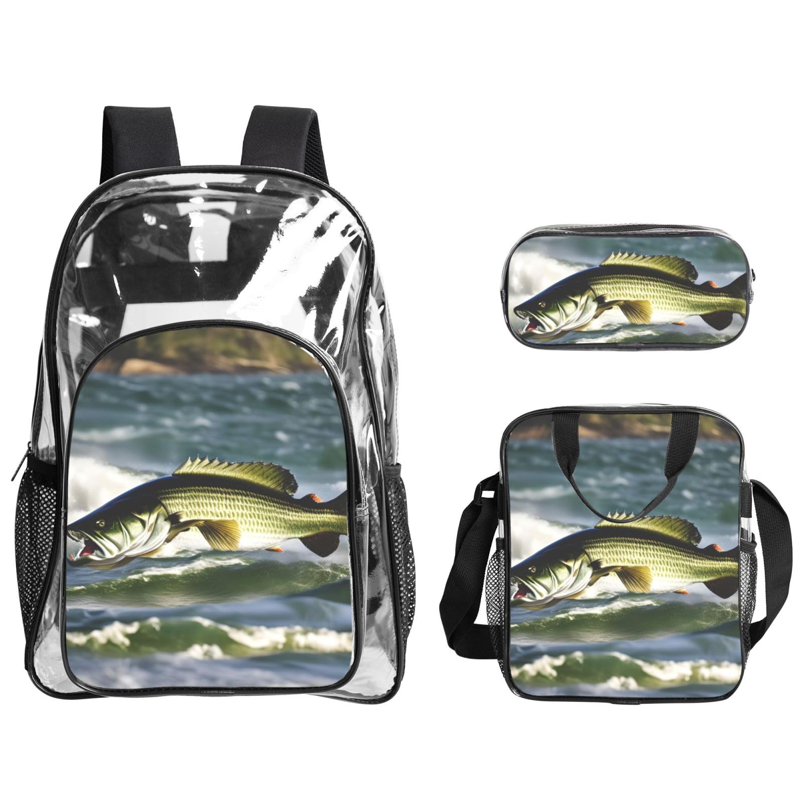 Transparenter Rucksack mit Barsch-Angel-Wellendruck, Unisex, 3-teilig, transparent, Lunch-Tasche, Stifteetui, Reisen, Outdoor