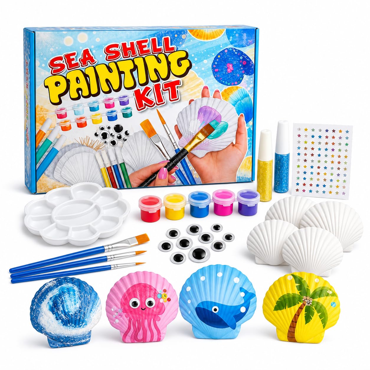 DasKid DIY Sea Shell Painting Kit for Kids – Arts & Crafts Set for Boys & Girls with Paint Colours & Brushes, Creative Shell Painting Activity, Fun Gift for Easter, Birthdays, Halloween & Rainy Days