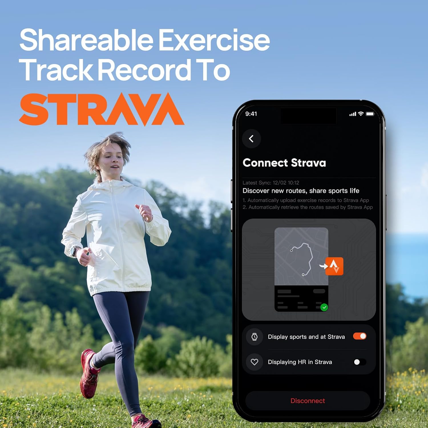 Mibro GS Active2 showing connection to Strava on a smartphone screen, with a person running in the background
