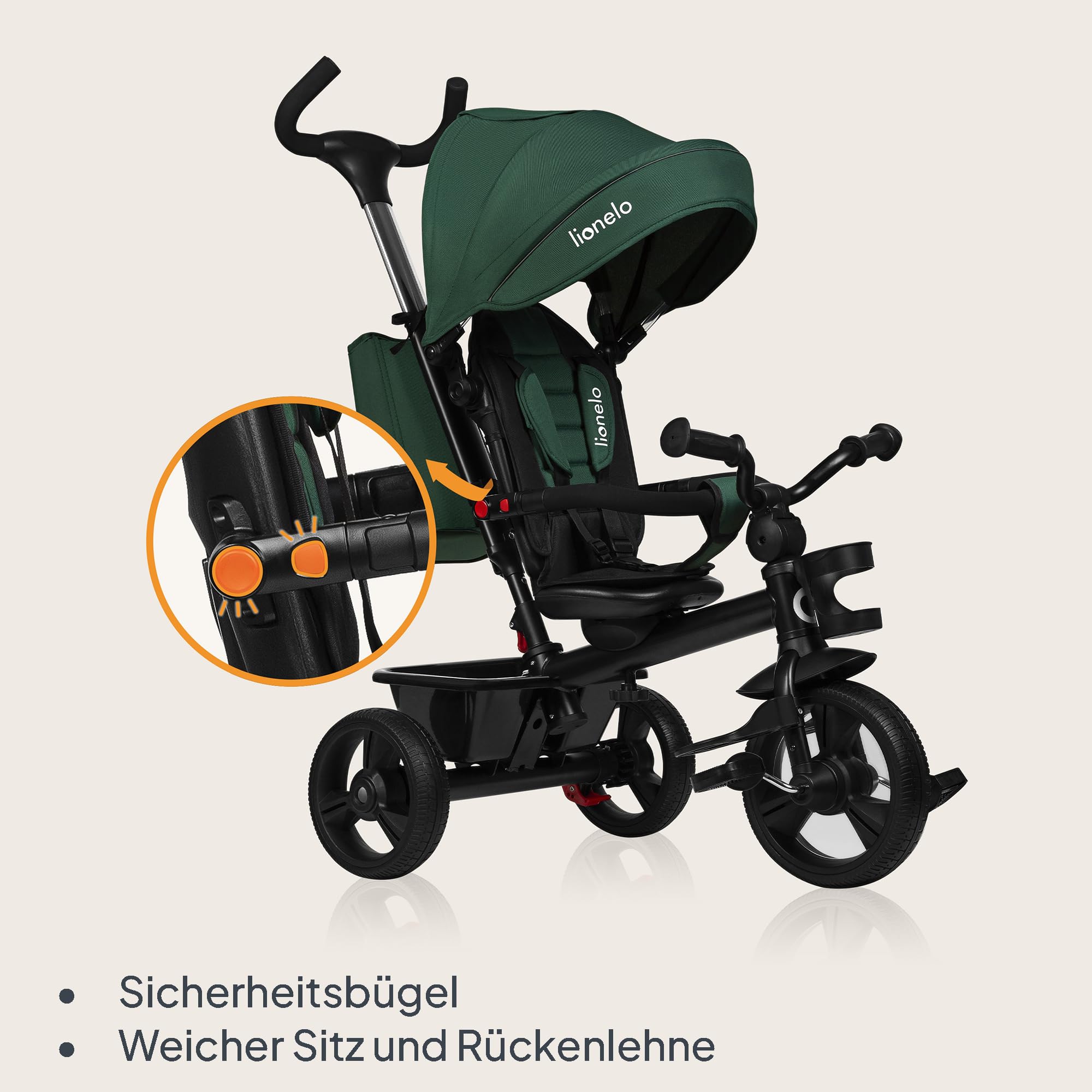 LIONELO Haari 2in1 Dreirad mit Schubstange ab 18 Monate bis 25kg, Vorwärts und Rückwärtsfahrt, schlauchlose Gummireifen, Freilauf geräumiger, Korb, Tasche, Getränkehalter