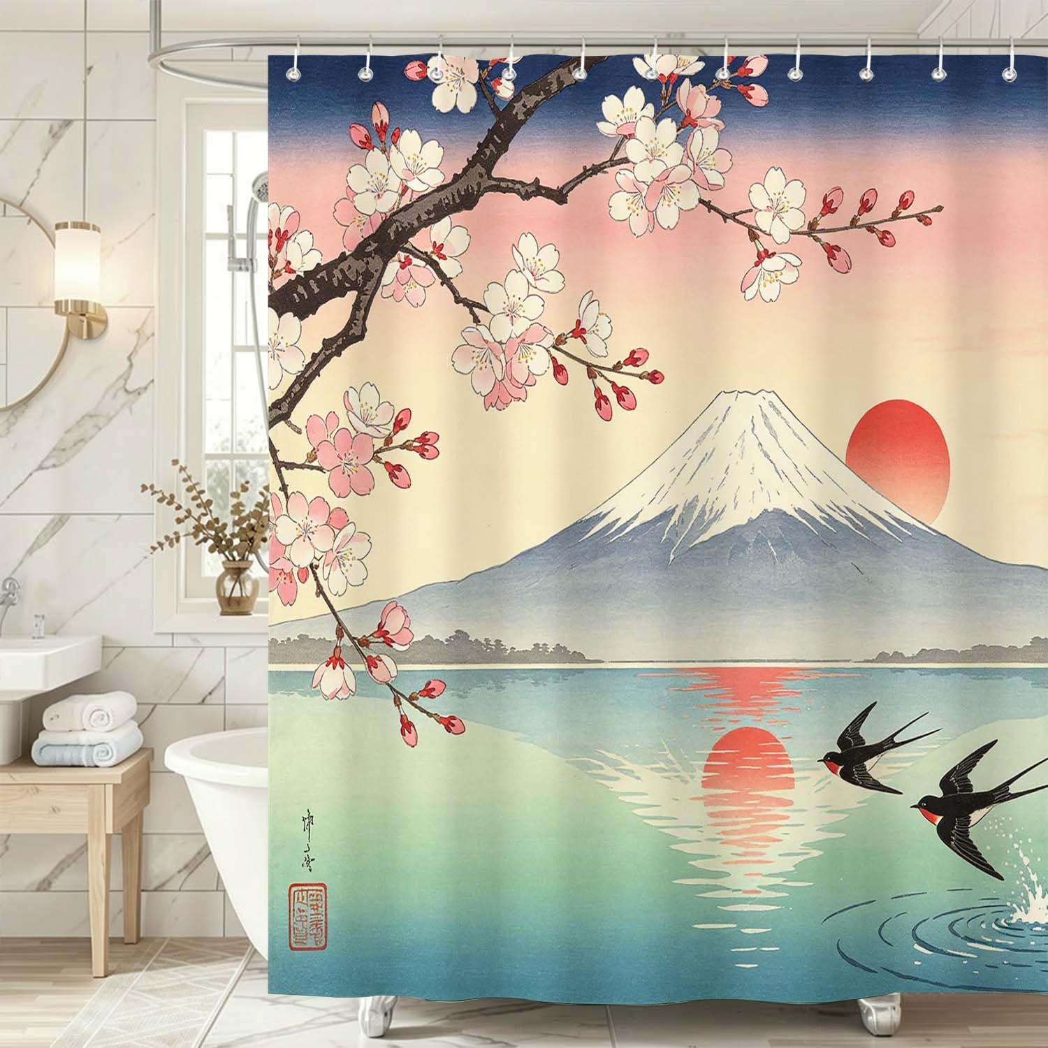 Rideau de Douche Anti Moisissure Paysage Japonais, Rideau de Bain Fleurs de Cerisier 3D Rideaux de Douche en Polyester, Imperméable, Lavable en Machine, avec Crochets, 300 x 200 cm 385-YLP