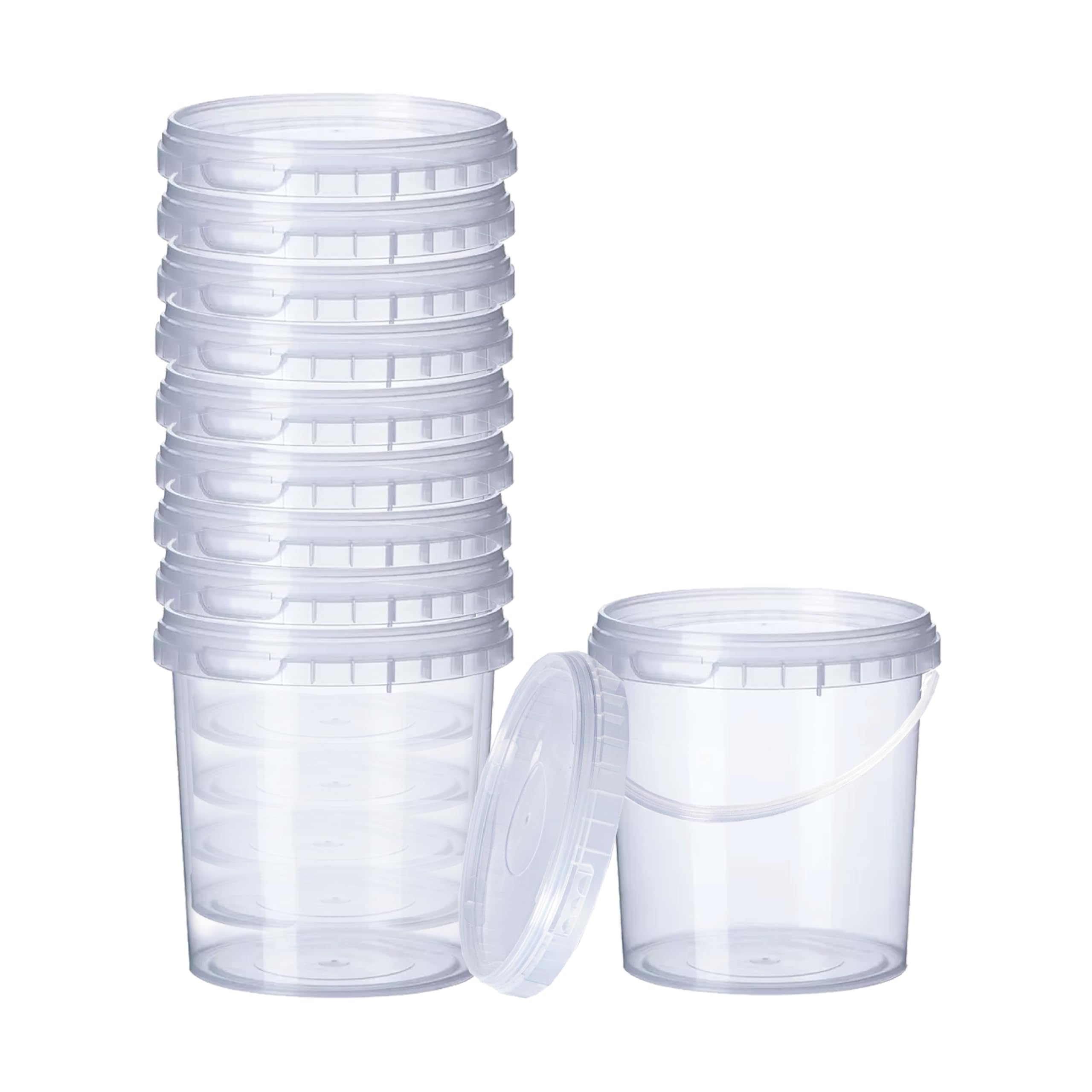 GROWMANIA Pack x50 Cubo Plástico 1L Transparente con Asa – Tupper Hermético Apto para Alimentos, Líquidos y Pintura - Bote Almacenamiento – Tarro Contenedor Resistente