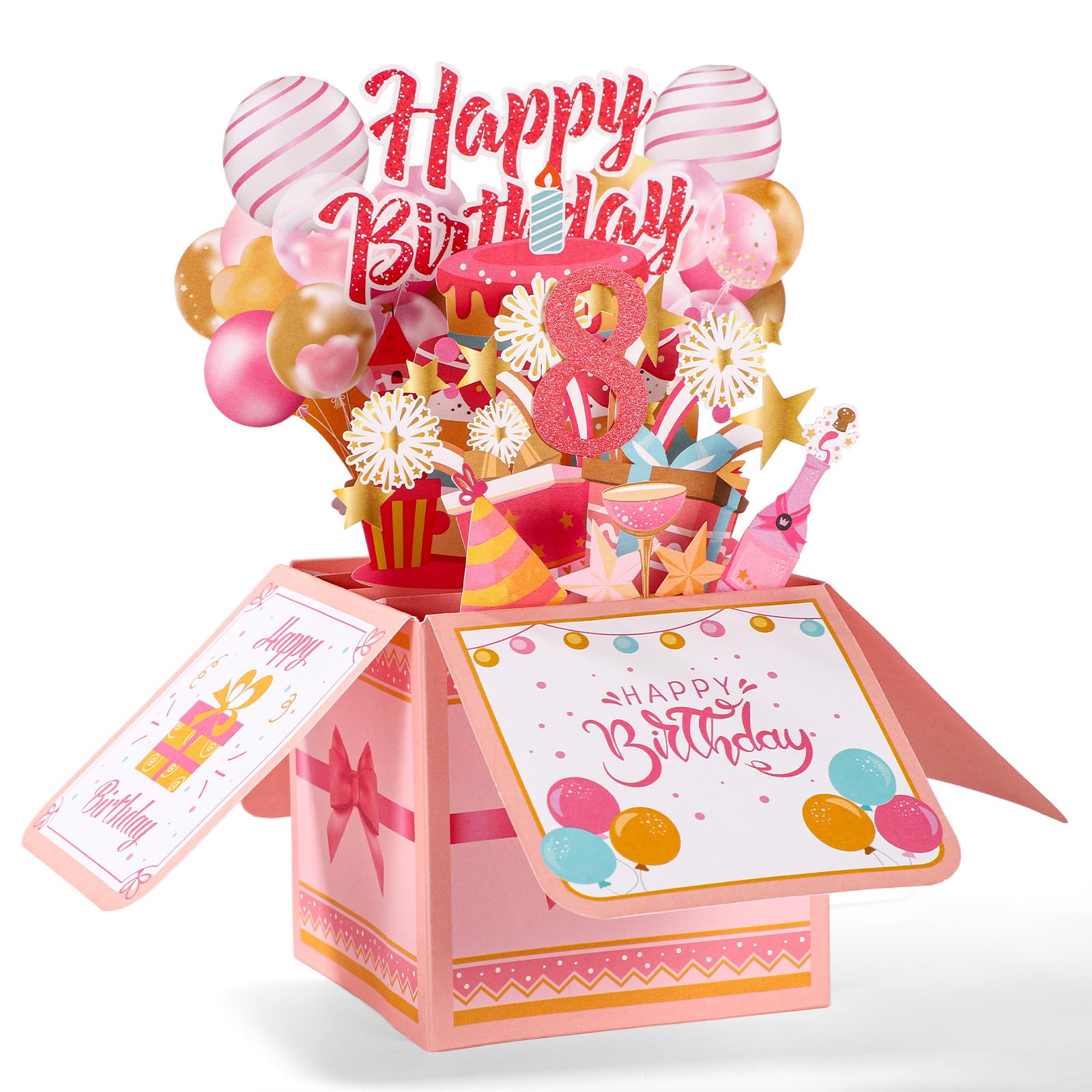 Happy Birthday Pop up Card, Colorful Happy Birthday 3D Greeting Card with Envelope Creative Gift Anniversary Party Decoration Keepsake for Daughter Sister Friends Girls (8th)