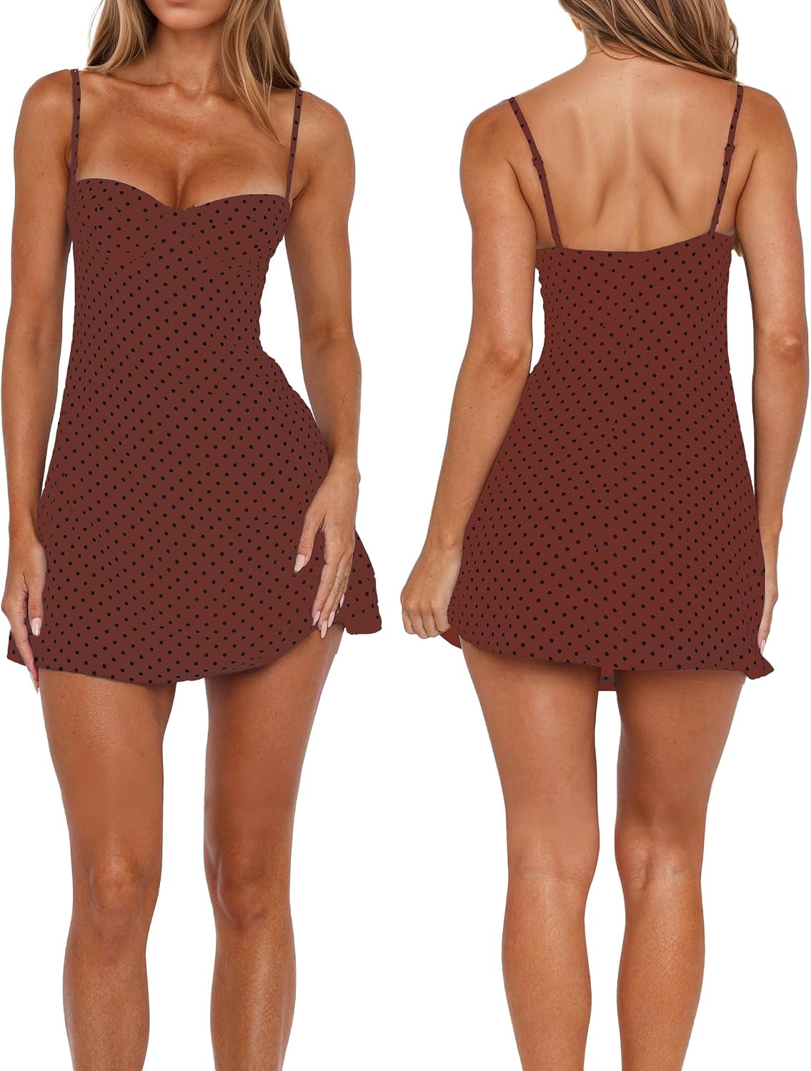 Women’s Polka Dot Y2K Dress Spaghetti Strap No Bust Underwire Trendy Outfits Backless A-Line Pullover Short Dress
