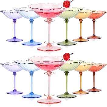 12 Pcs Colorful Plastic Martini Glasses 7oz Flower Cocktail Coupe Glasses 6 Color Disposable Martini Cup Vintage Detachable Dessert Parfait Glassware for Wedding Birthday Bachelorette Party