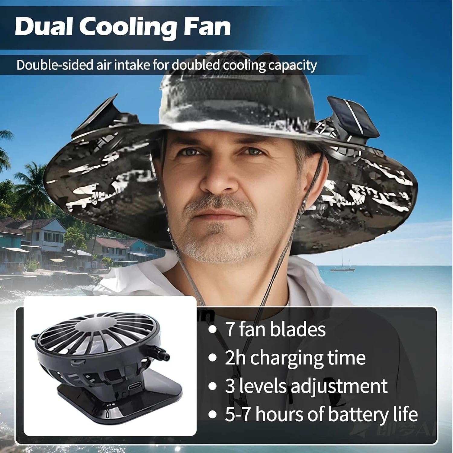 FishTrip Wide Brim Solar Fan Hat with 2 Fans UPF 50+ for Outdoor image 5