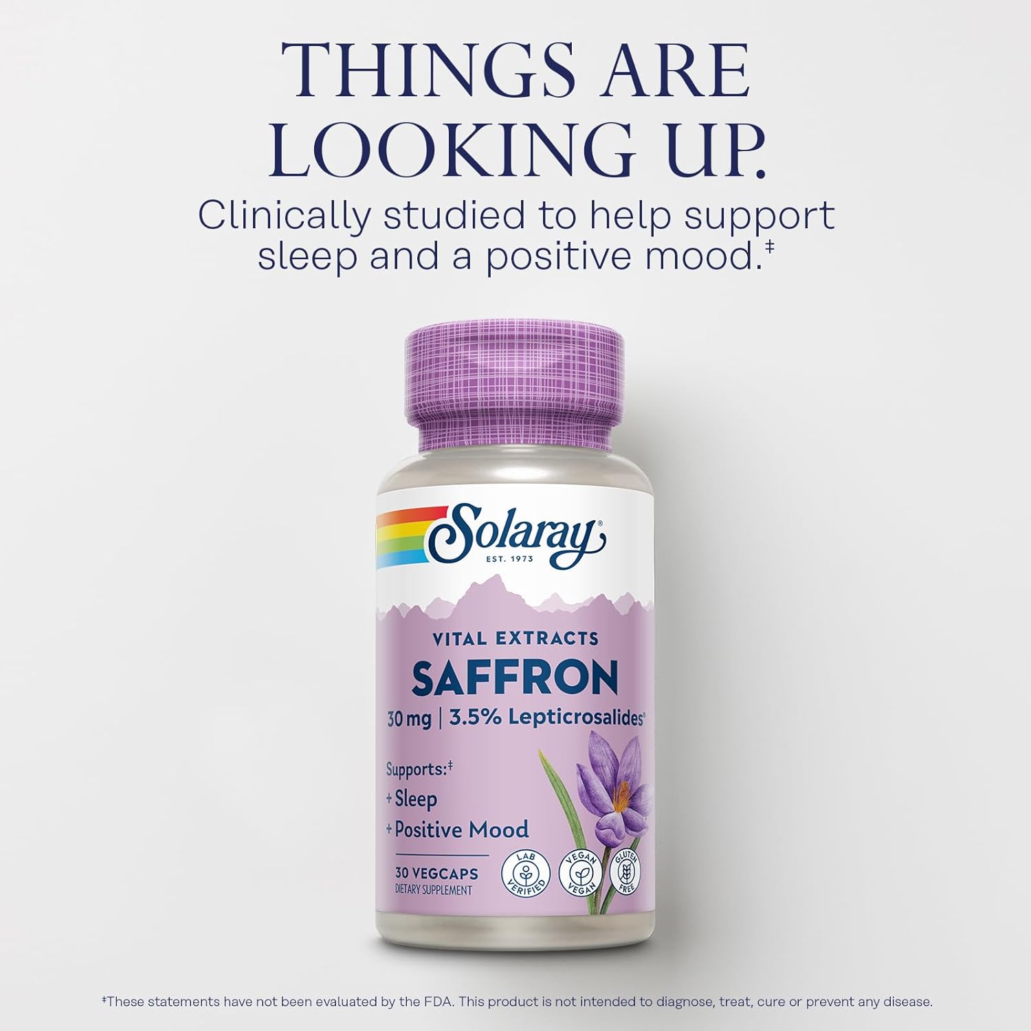 SOLARAY Saffron Extract - Sleep and Positive Mood Support - Vegan and Gluten Free Saffron Supplements - Lab Verified - 60-Day Guarantee - 30 Servings, 30 VegCaps