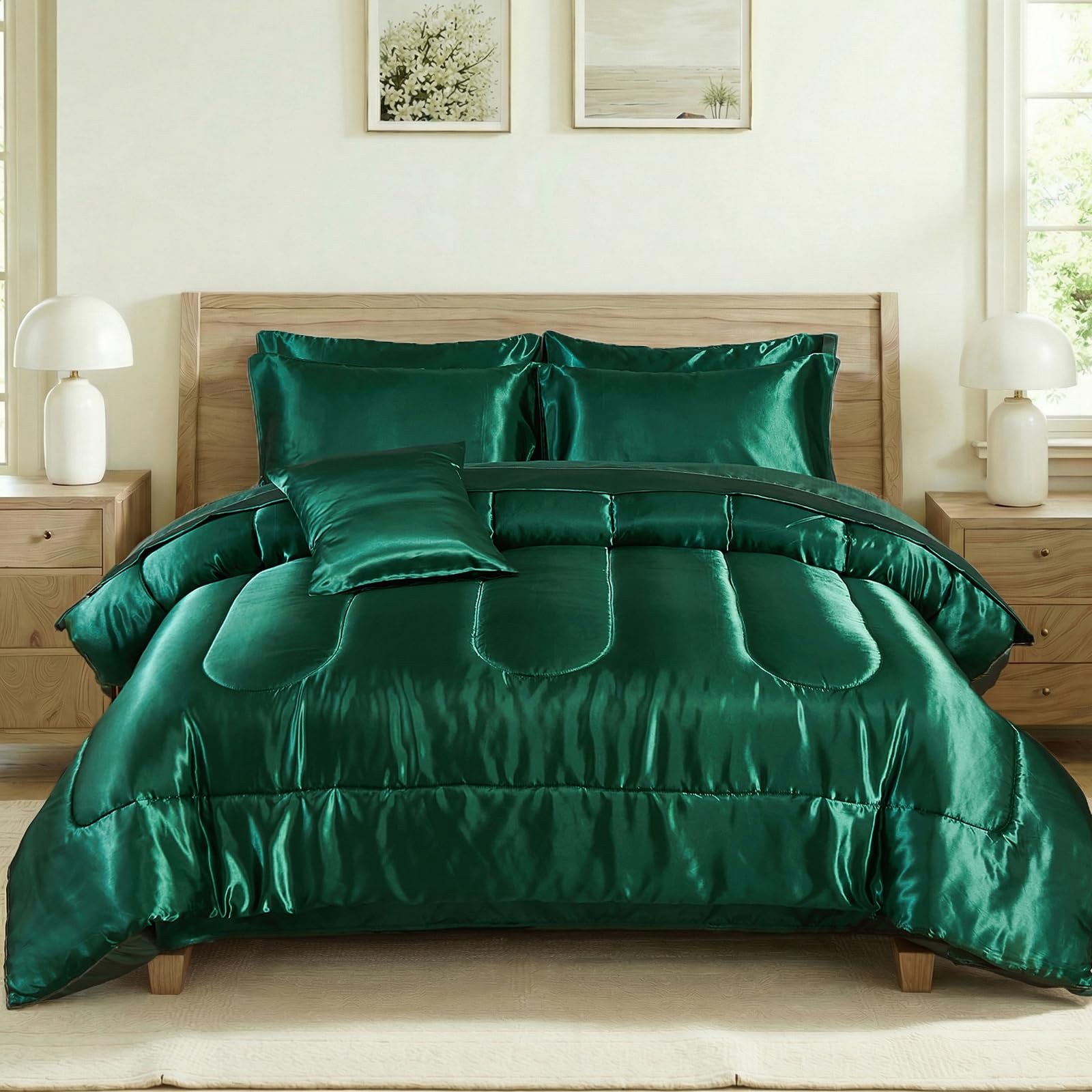 Bedding_Dreamer Satin Comforter Set with Sheet Set Queen Silk Like Green Bed in a Bag 8 Pieces Luxury Silky Sheet Set with Comforter Set with 1