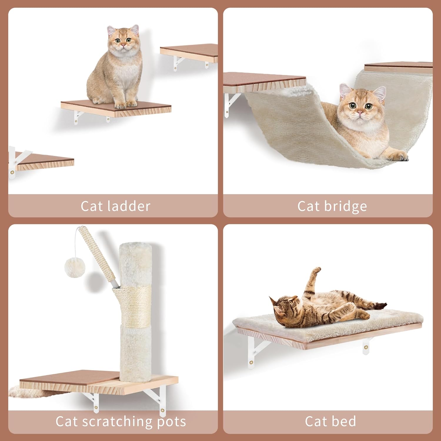 Wall Mounted Cat Climber Set, Cat Wall Shelves,with Hammock,Jumping Boards,Sofa,Steps,Scratching Post,Hanging Ball and Felt Pads, Suit for Cats Climb, Jump,Scratch-Beige