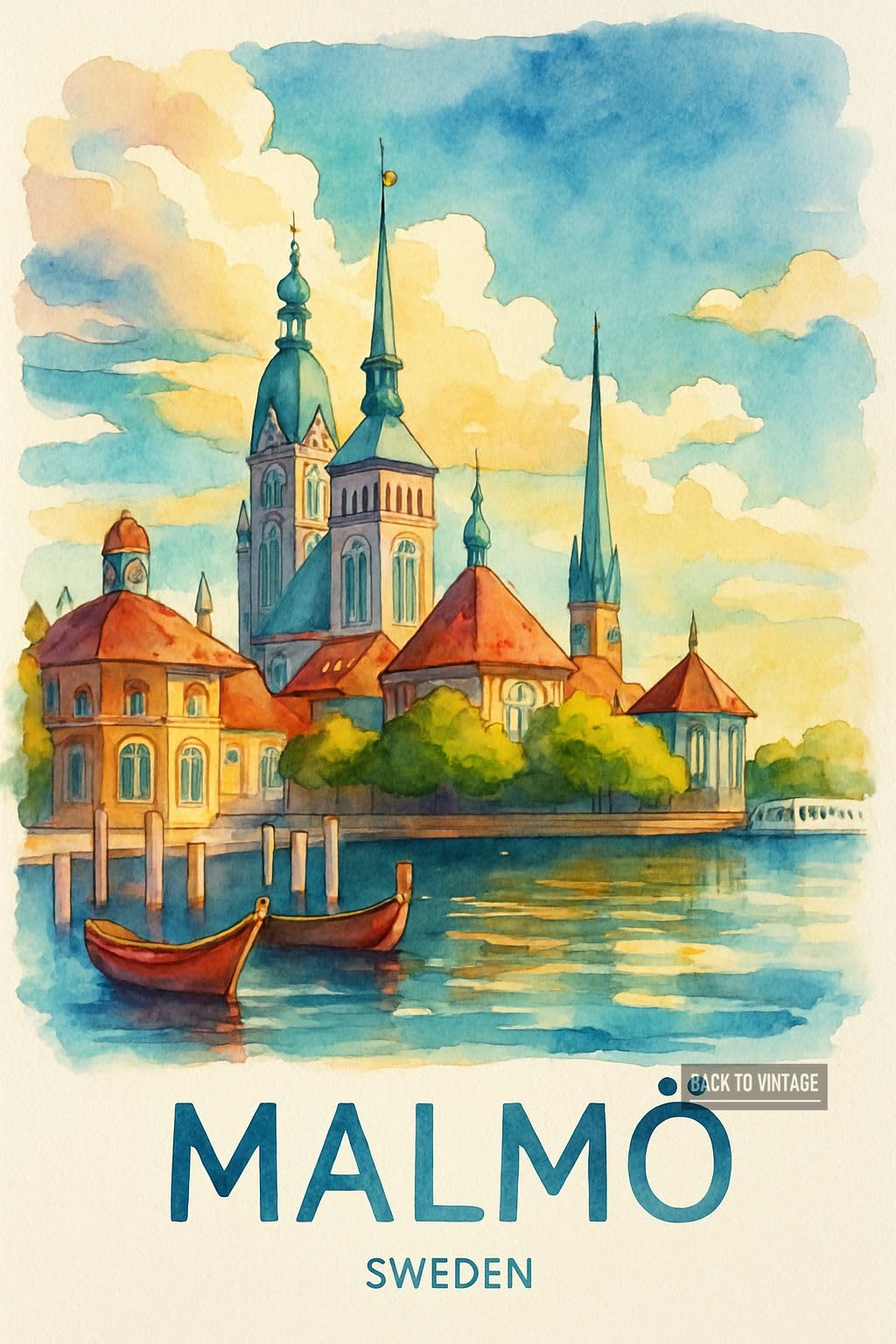 Back To Vintage Multicoloured Malmö Sweden's Serene Waterfront Scene - A4 Travel City Poster Wall Art Home Decor Art Print With Iconic Landmarks And Global Views For Culture Inspired