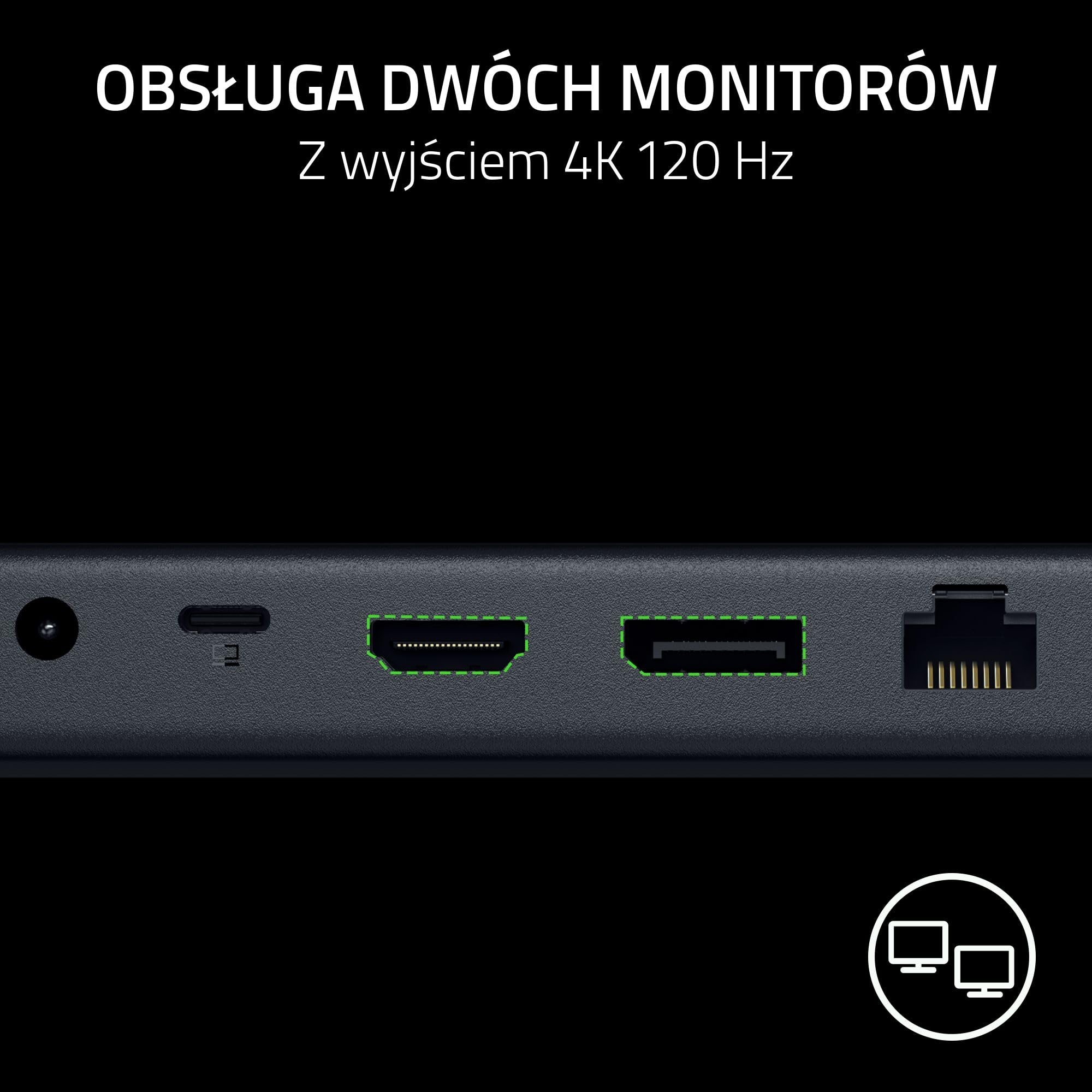 Razer USB 4 Dock - 14-portowa stacja dokująca High-Speed do gier i produktywności - obsługa dwóch wyświetlaczy, ładowanie urządzeń (3x USB-C, 5x USB-A, HDMI, DisplayPort) Czarny