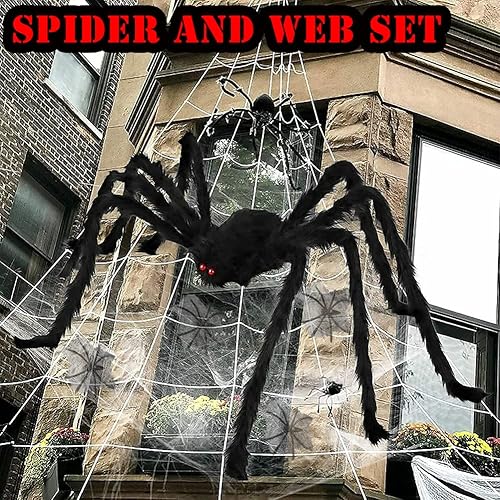 Miniatura 3 de AOGU Telaraña de Halloween de 200 pulgadas + decoración de araña gigante de 78 pulgadas, araña falsa con tela de araña enorme triangular para