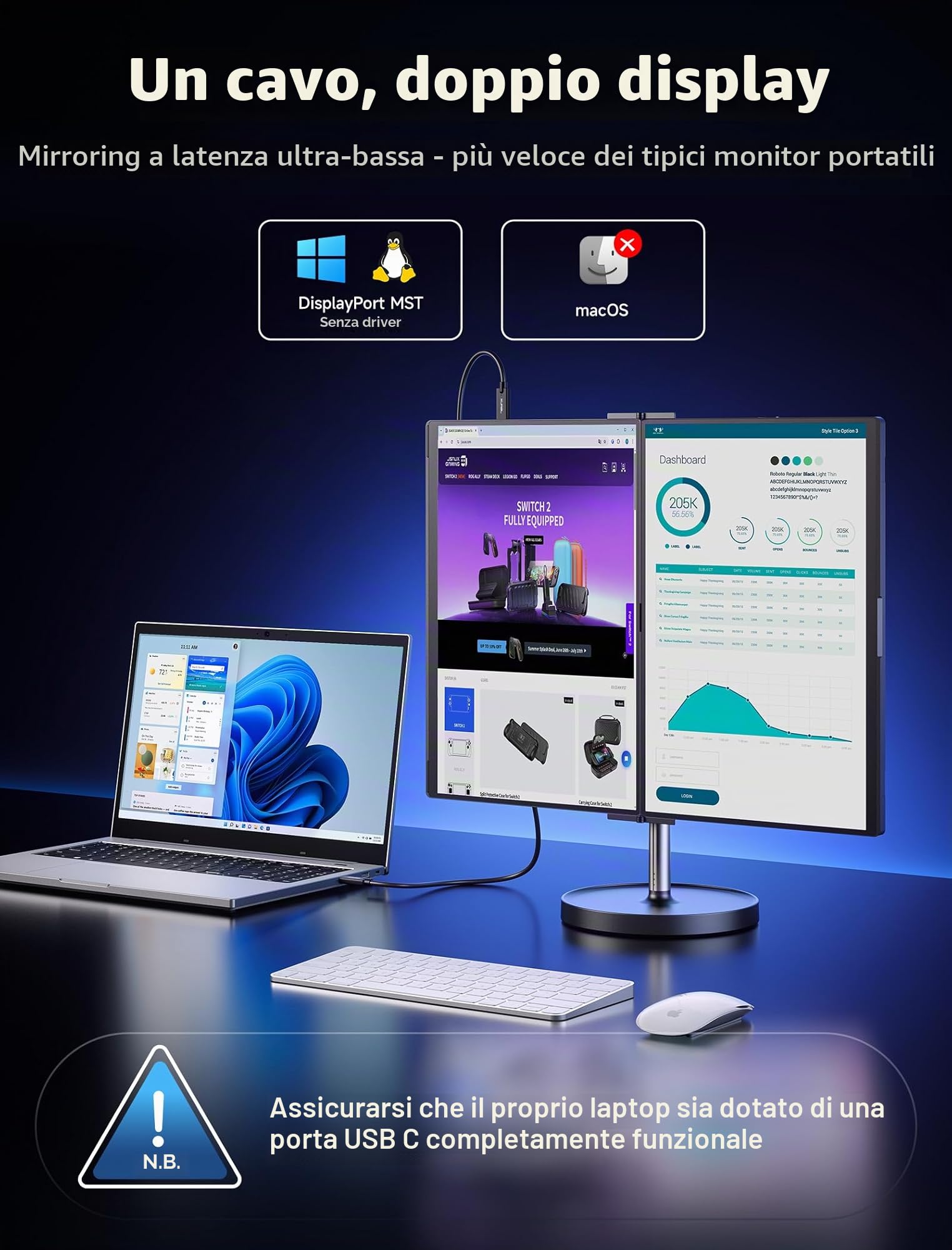 JSAUX FlipGo 16" Touchscreen Monitor Portatile a Doppio Schermo, 2.5K Doppio Estensore di Schermo Portatile, Triplo Schermo Touch Compatibile con Windows, Connessione a cavo unico/Design Magnetico