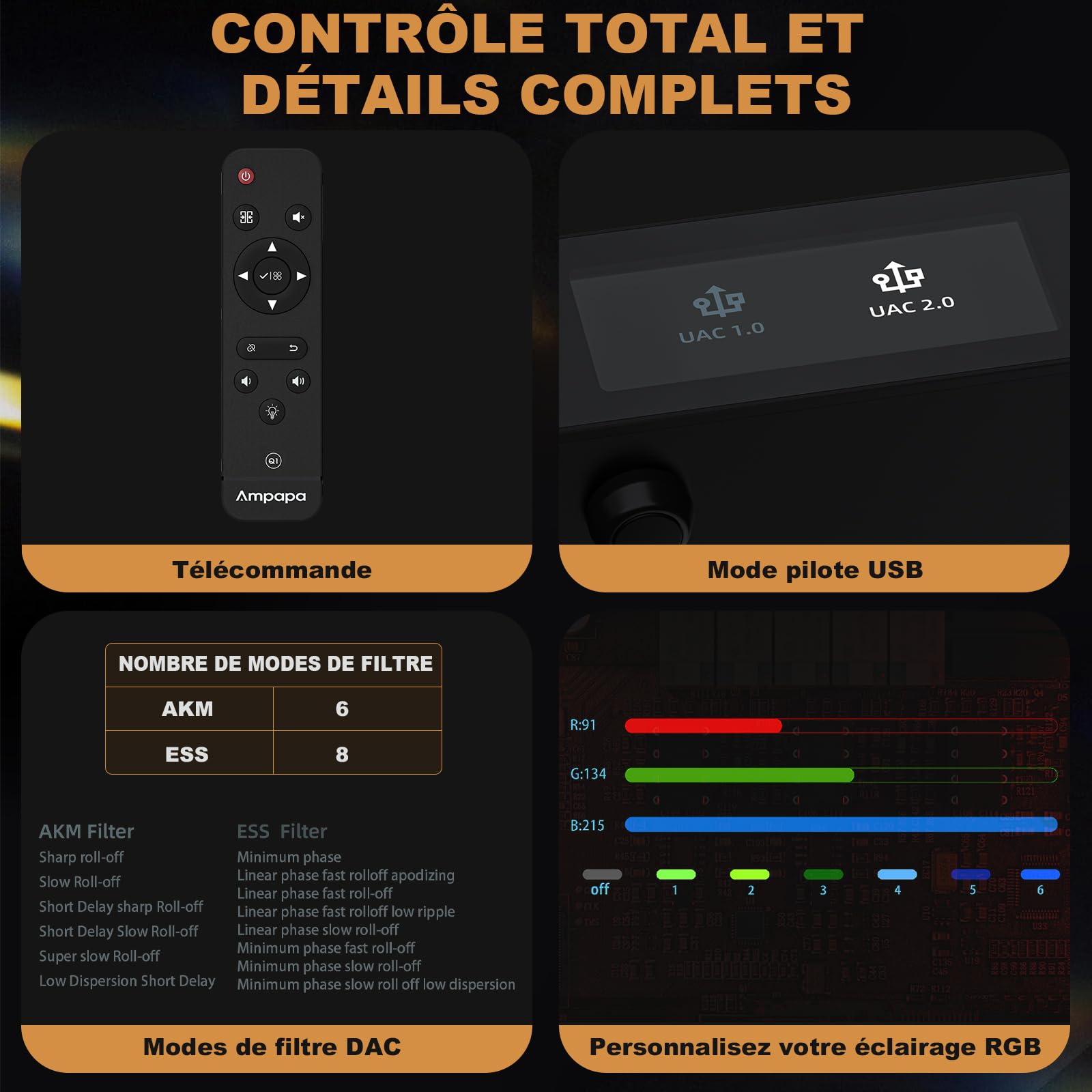 Convertisseur Numérique-Analogique Ampapa Q1: Adaptateur DAC USB HiFi 768kHz/32bit DSD512, Ampli Casque Bluetooth APTX-HD avec ESS9039+AK4493 pour Amplificateurs Stéréo Domestiques et Écoute de Bureau
