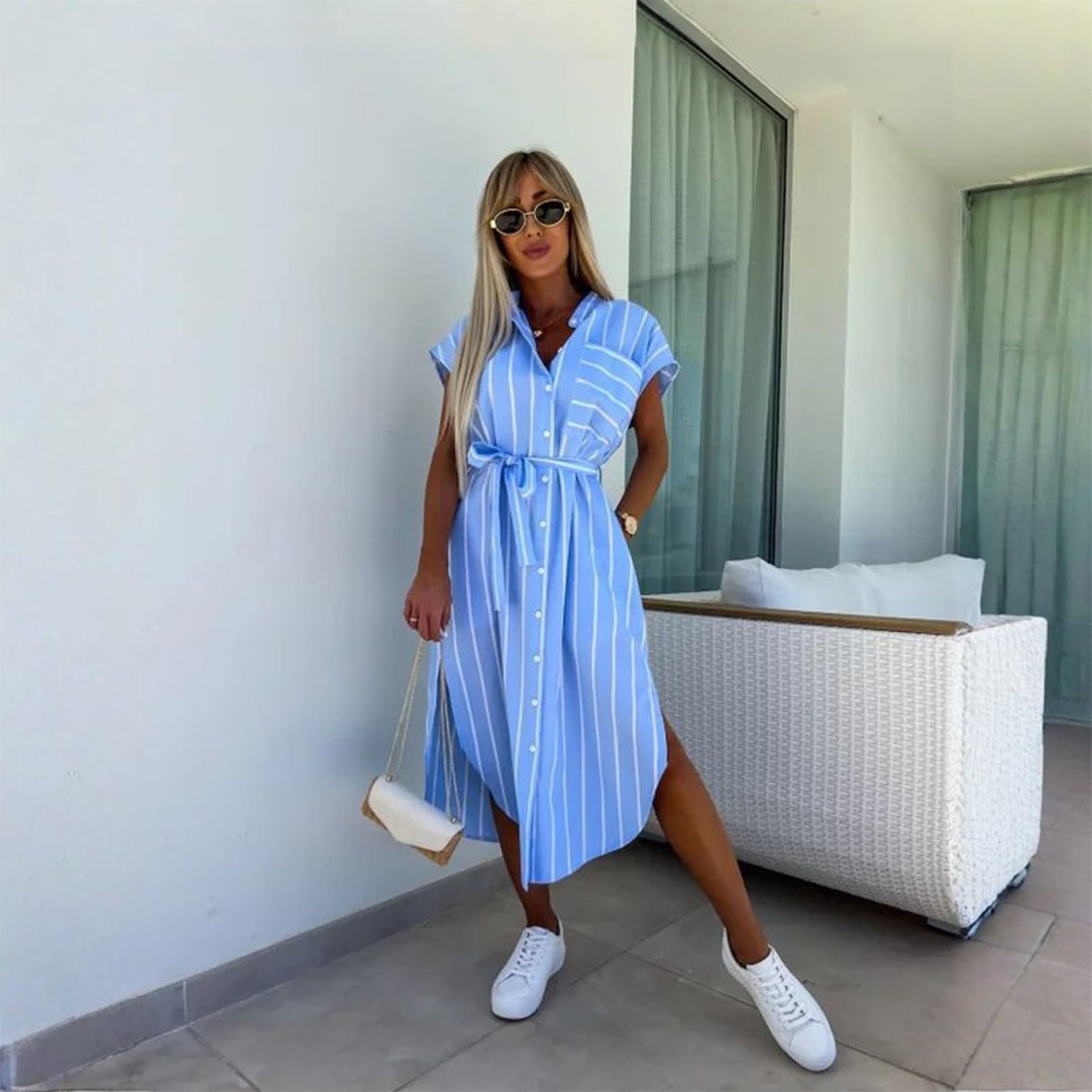 Kleid Sommer Damen Gestreift Lang Mit Schlitz Hemdkleid Mit Knopfleiste Gürtel Elegant Blusenkleid Mit Taschen Midi Kleider A Linie Hemdblusenkleid Streifen Sommerkleid Frauen Leicht Luftig
