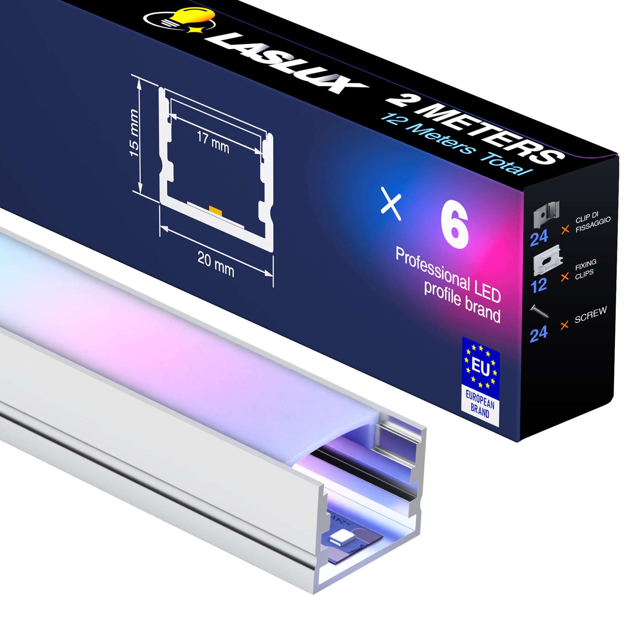 Profilo LED in alluminio, 2 m × 6 pezzi, 20 × 15 mm, per strisce fino a 15 mm, copertura diffusore per profili in alluminio, profilo in alluminio, 2 metri