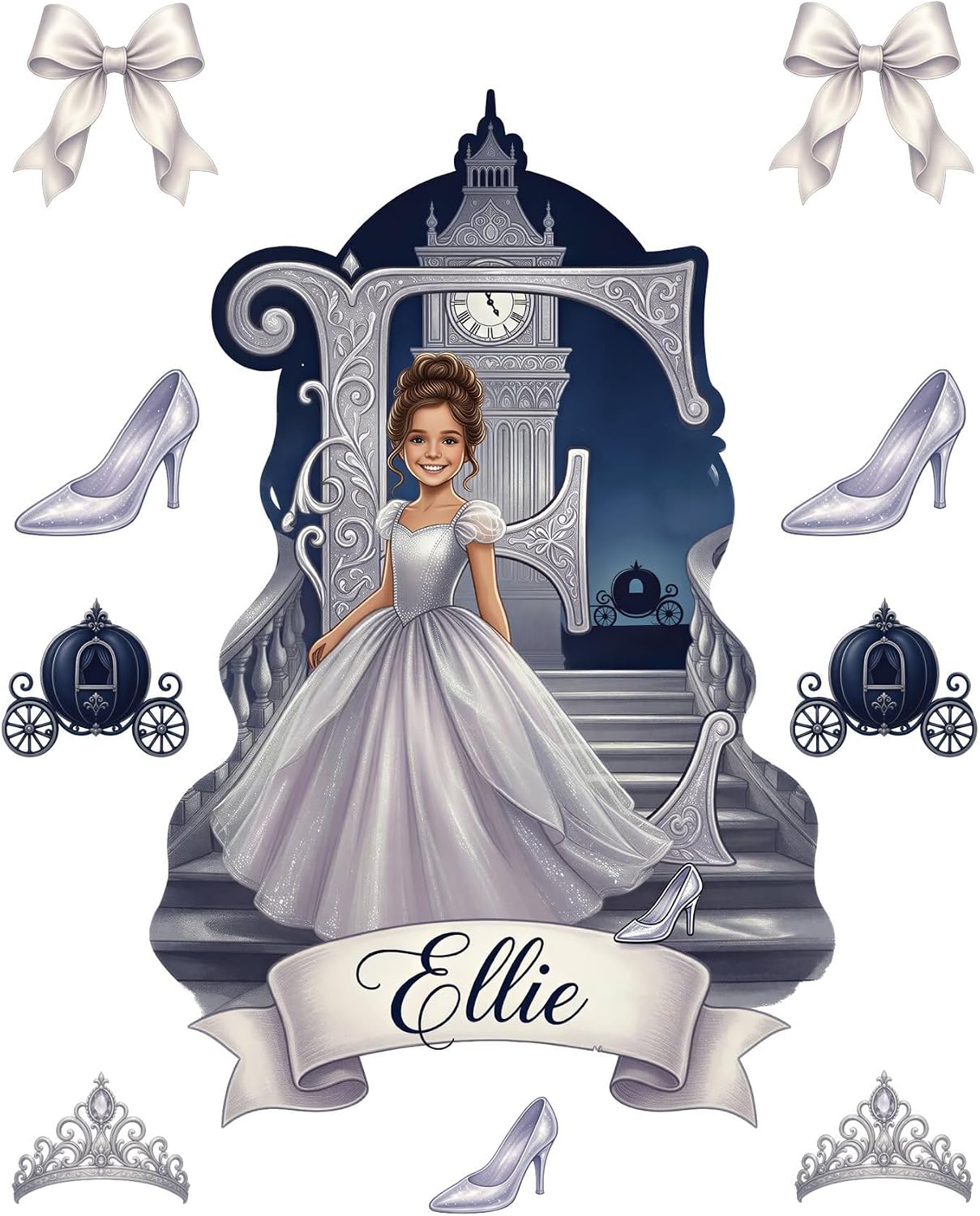 Personalized Princess Wall Decal Set, Custom Girl Portrait from Your Photo, Name & Monogram, 10 Piece Girls Bedroom Wall Art, Made to Order, USA Made, Midnight Ball