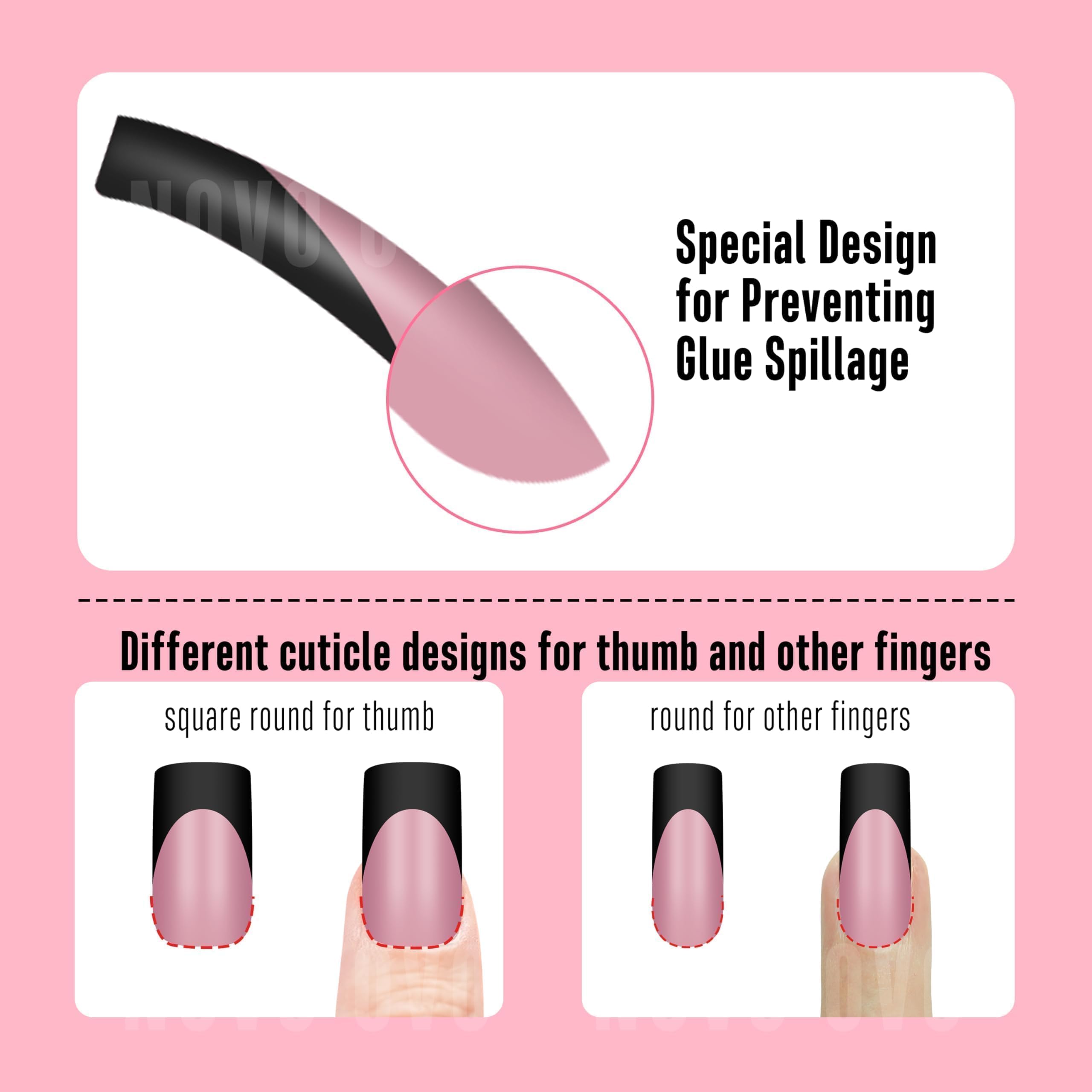 NOVO OVO Halloween Black French Tip Nail Tips BERRY PINK Medium Slightly Curved Full Cover for Press on Acrylic Extra Thick Soft Gel False Nail - Image 4