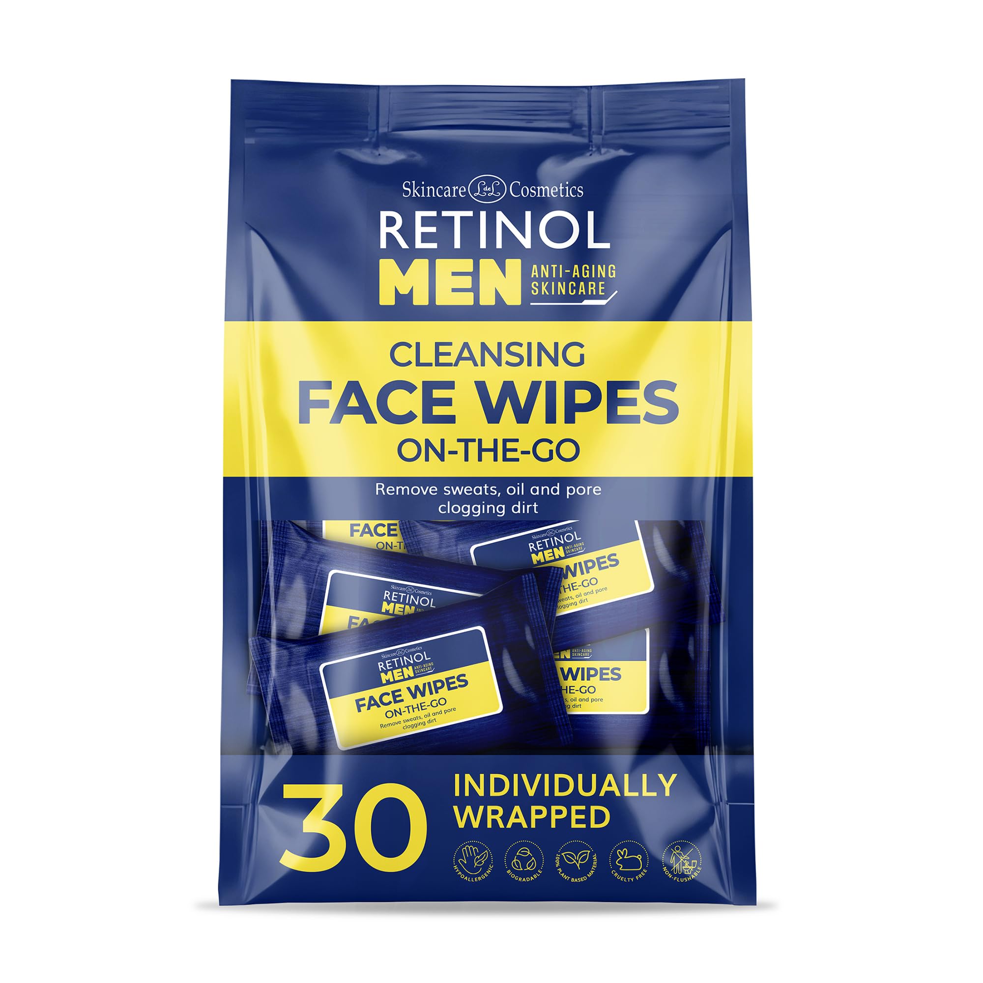LIVAURA Retinol Men’s Individually Wrapped Wipes, Large Face and Body Wet Wipes with Micellar Water and Vitamins A-C-E, 30 Travel Essentials