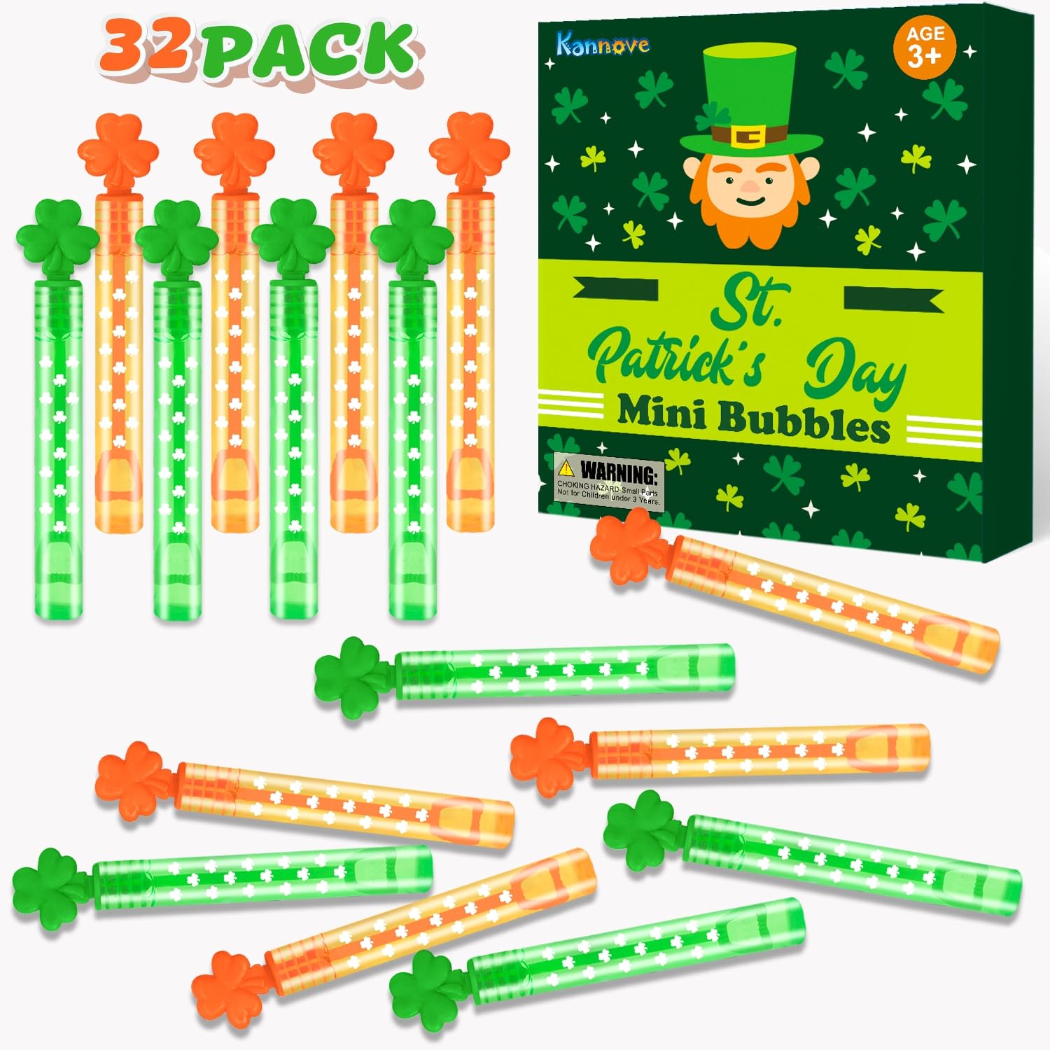 St Patrick's Day Party Favors Supplies Goodie Bag Stuffers for Kids 32 Pack, Mini Bubble Wands Toys Gifts for Toddlers, Saint Patty's Classroom Non Candy Treats prizes Shamrock Accessories Decorations
