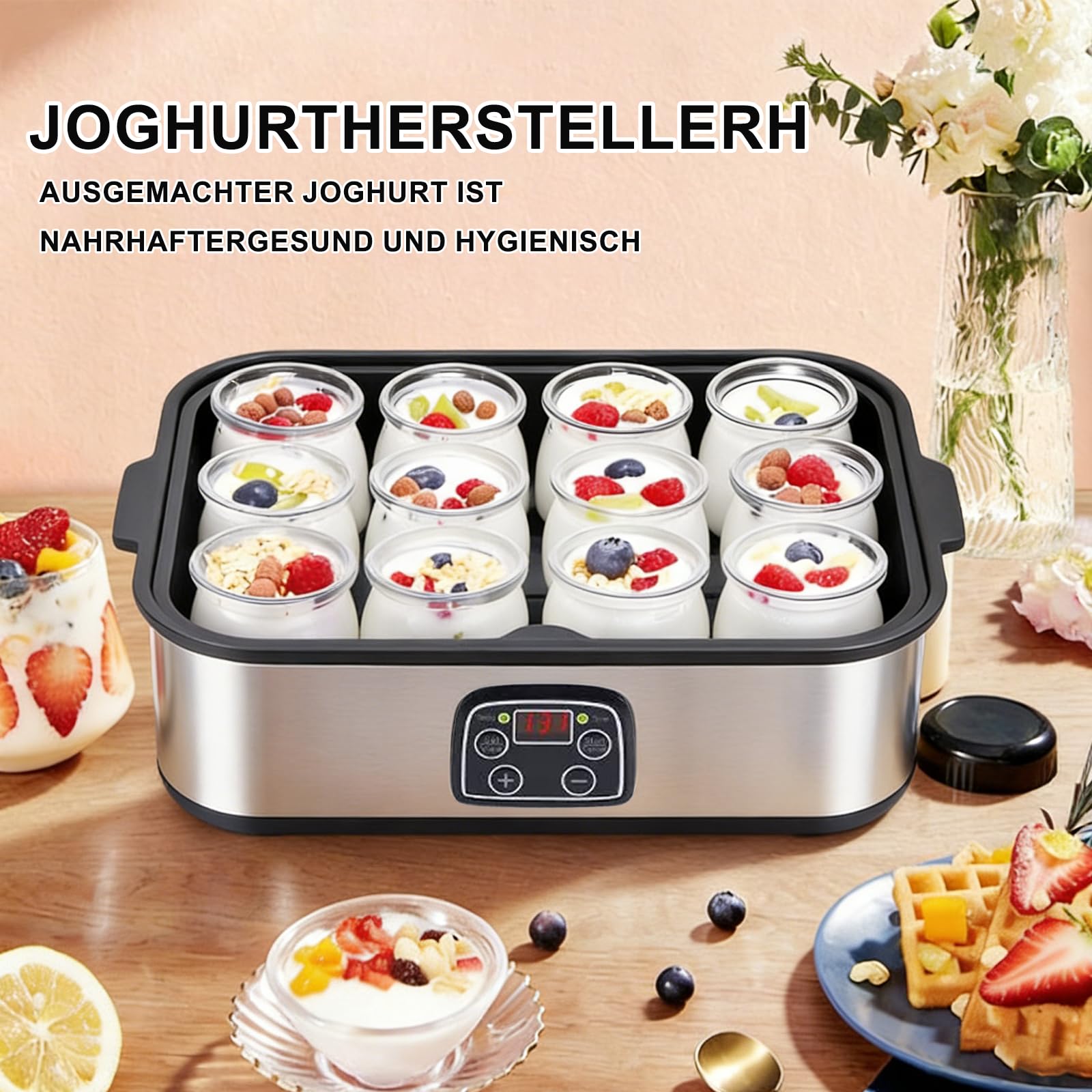 Joghurtbereiter 25W inkl 12 Glasbehälter à 180 ml Gesamtkapazität 2160 ml