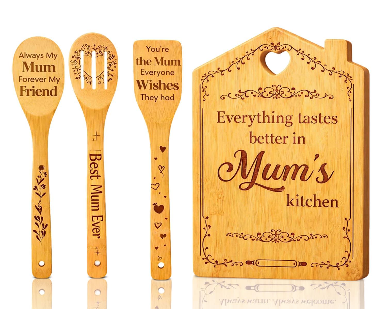 Mothers Day Gifts for Mum - Mum Birthday Gifts from Daughter Son, Handmade Bamboo Cutting Board & Wooden Spoon Set, Unique Engraved Kitchen Presents for Mom, Christmas Birthday Gift Mom