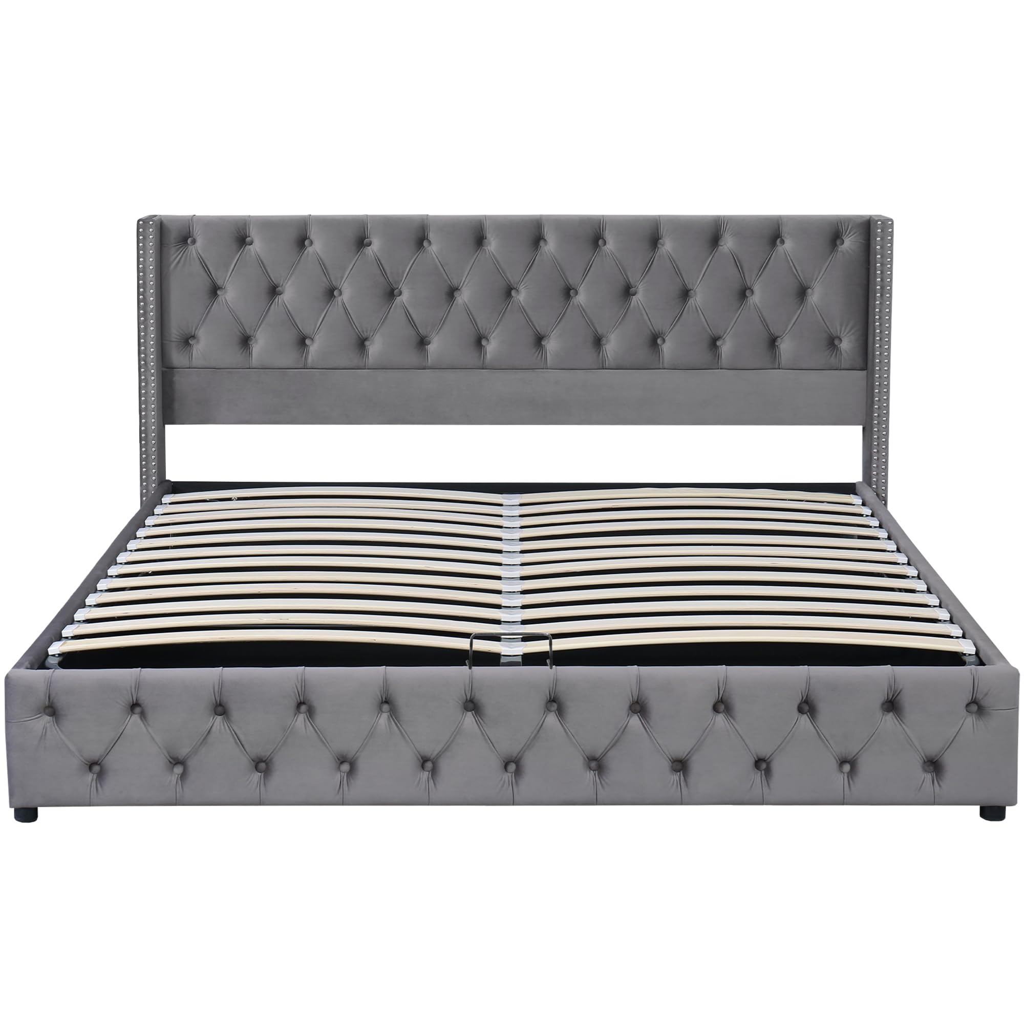Cama tapizada con forma de oreja, doble fila de remaches, costuras de botones, cabecero y pie de cama, cama doble 160 x 200 hidráulica, base de cama con tela no tejida negra resistente a la suciedad