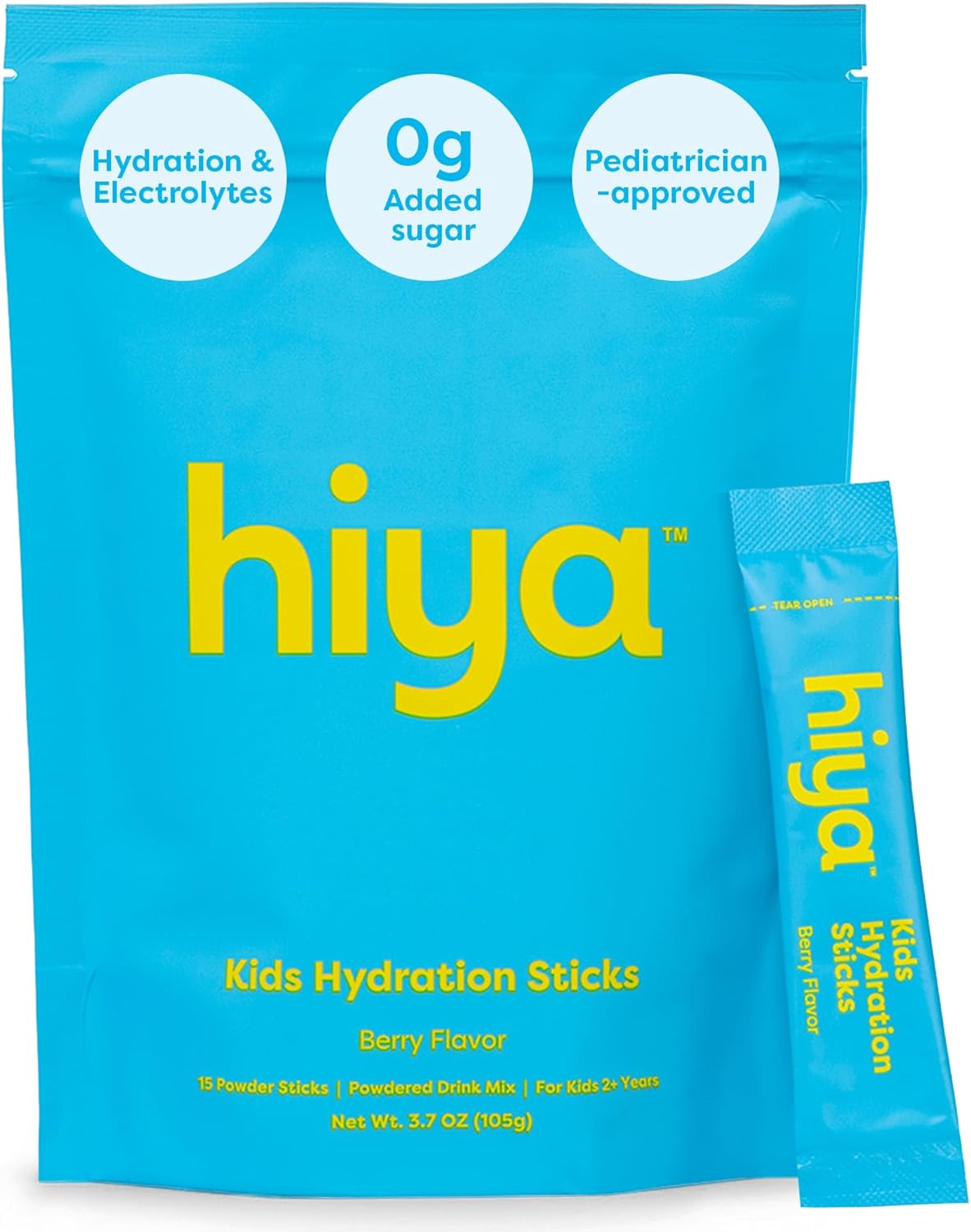 Hiya Kids Hydration with Electrolytes - Zero Added Sugar Berry Flavored Kids Hydration Packets - 15 Sticks - Travel-Friendly Drink Mix for Children Ages 2+