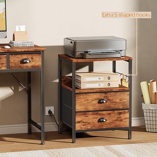 Miniatura 38 de Furologee Mesa auxiliar con estación de carga, mesita de noche con cajones de tela, mesas auxiliares con puertos USB y tomacorrientes, mesita de