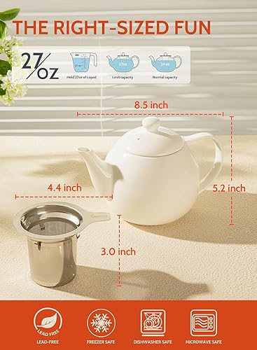 Miniatura 3 de Sweese Teteras para té, tetera de porcelana de 27 onzas con infusor extraíble de acero inoxidable, teteras para té suelto, color blanco Blanco,Verde