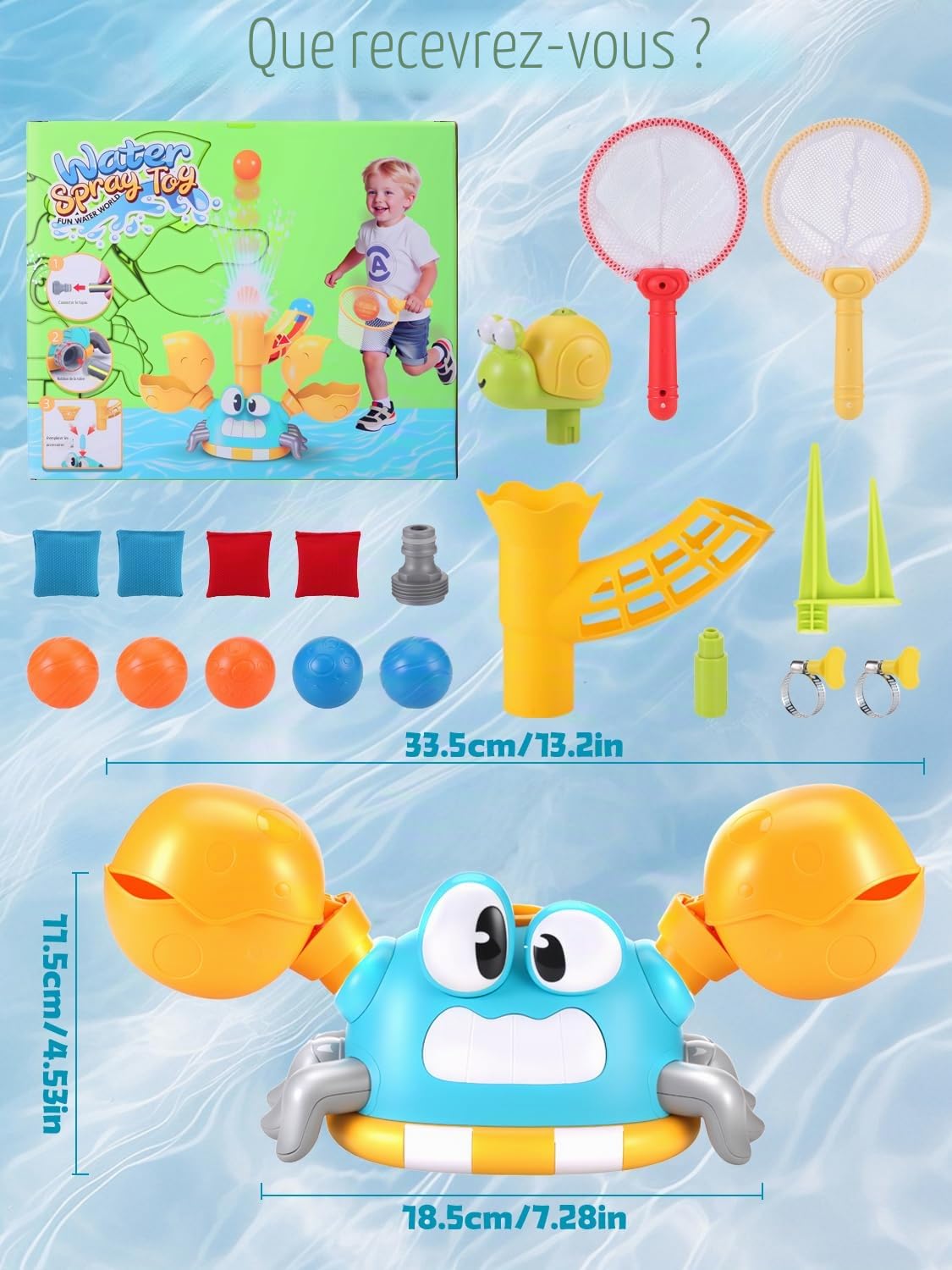 3-en-1 Jeux Exterieur Enfant 3 4 5 6 7 8 9 Ans, Jouets d'Arrosage pour Jardin Forme de Crabe avec Jeu de Lancer et de Rattrapage, Cadeau Créatifs pour Garçons et Filles, Jouet d'Été pour Enfants