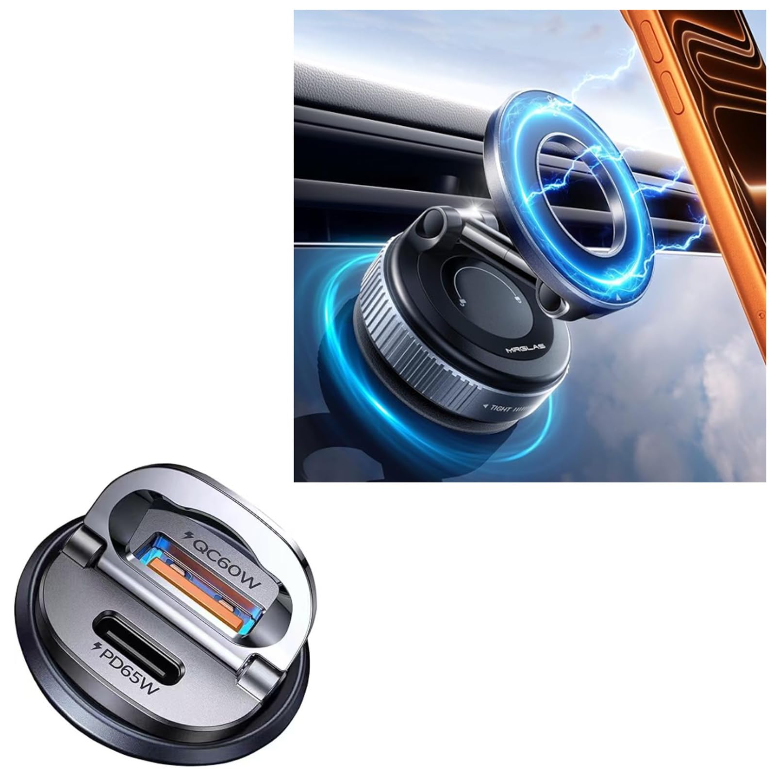 MRGLAS 125W Car Charger USB C + Vacuum Magnetic Phone Holder for Car