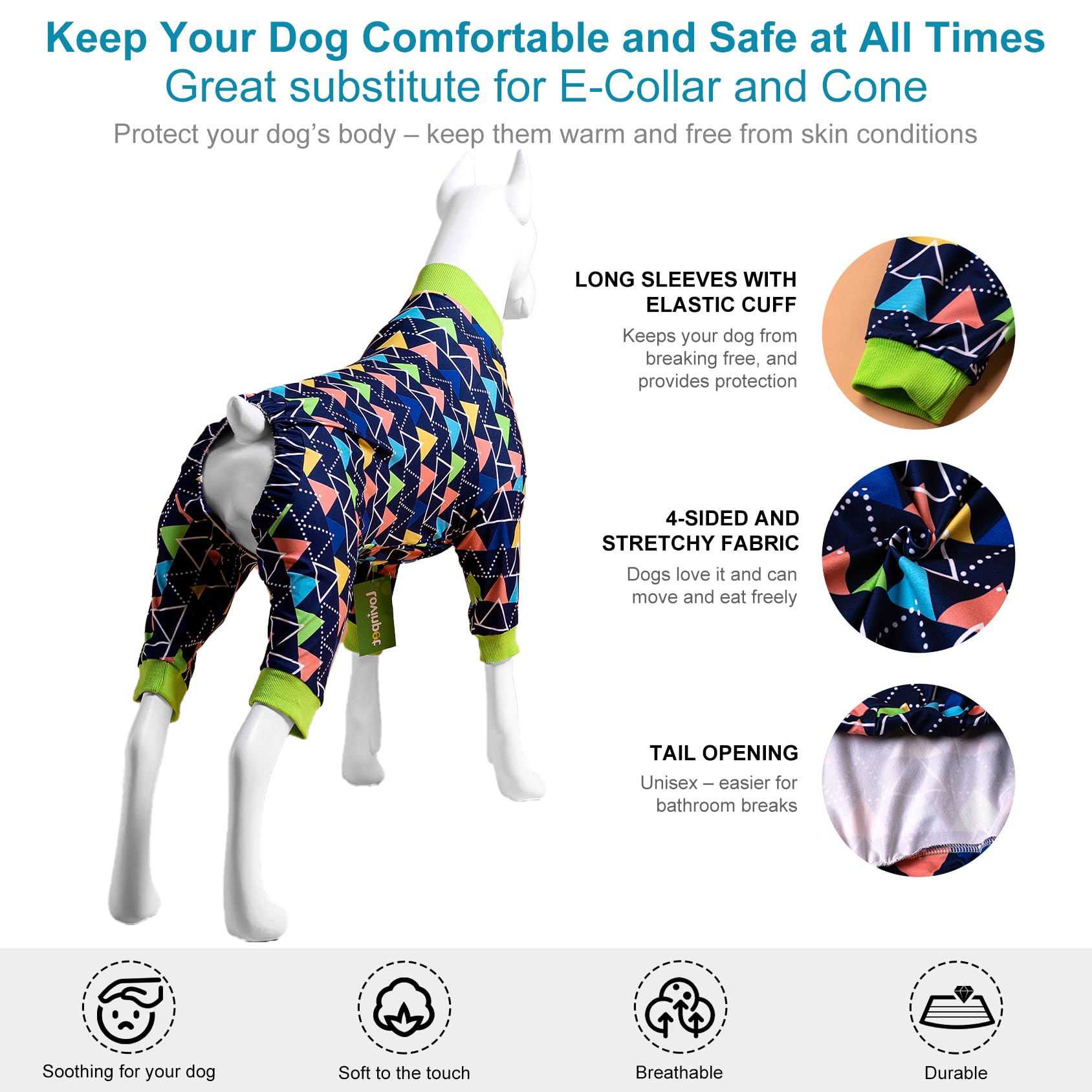 LovinPet Hunde-Pyjama Für Große Rassen – 3XL, Blauer Dreiecksdruck – Nach OP, Gegen Haarausfall & Für Mehr Ruhe